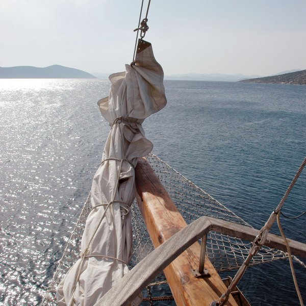 A sailing yacht off the coast of Bodrum, Turkey.