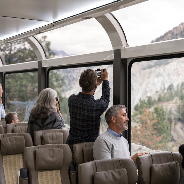 An interior train view of Rocky Mountaineer's Rockies to the Red Rocks train route, which is a two-day trip through the landscapes between Moab, Utah and Denver.