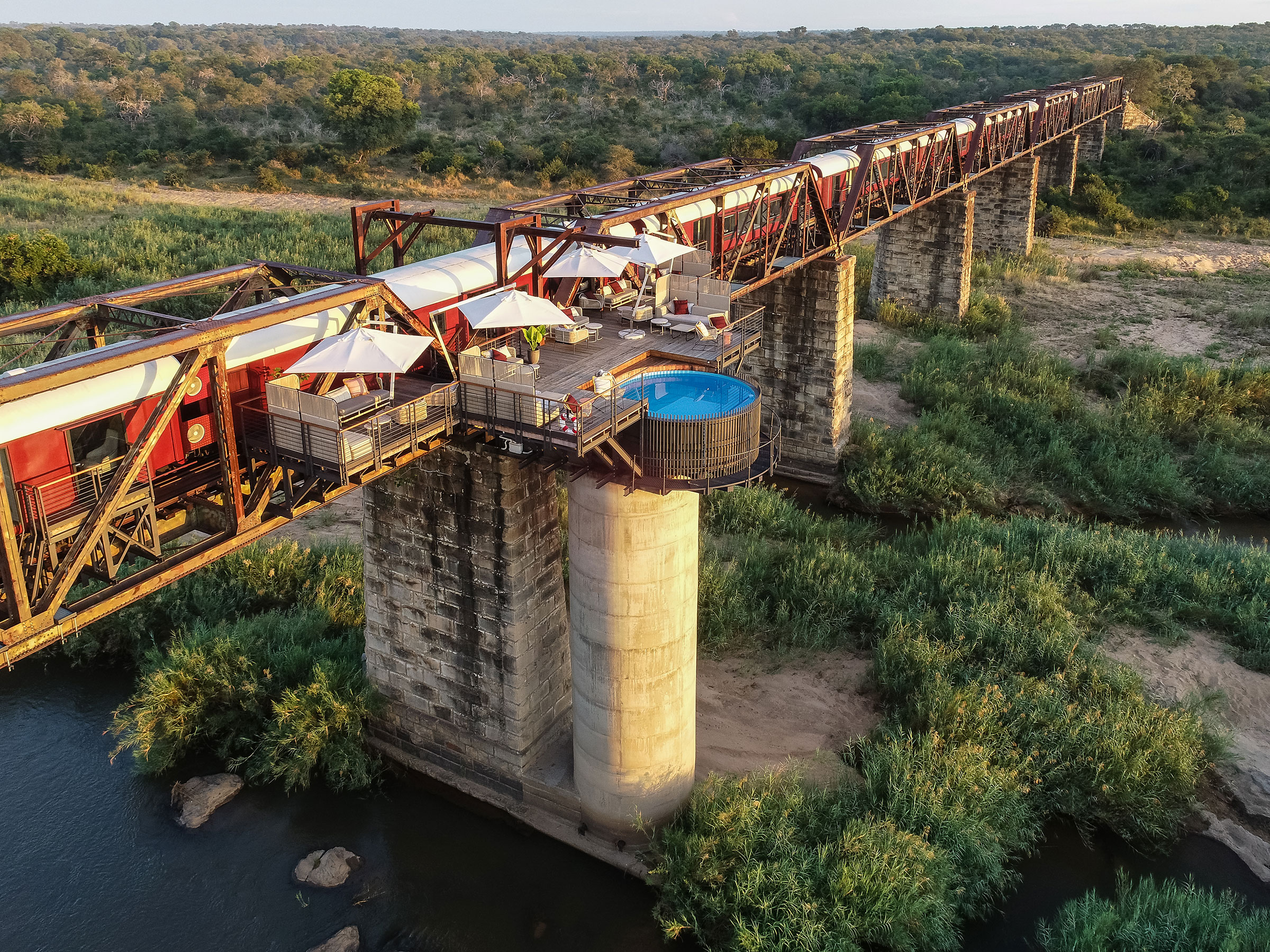 The Kruger Shalati hotel—in which guests can stay in renovated train cars that are perched on a bridge—in Kruger National Park, South Africa (Courtesy Kruger Shalati)