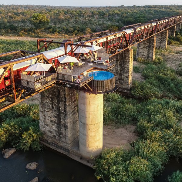 The Kruger Shalati hotel—in which guests can stay in renovated train cars that are perched on a bridge—in Kruger National Park, South Africa