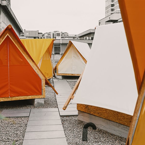 Rooftop tents at The Fuzzy Log in Ljubljana, Slovenia.