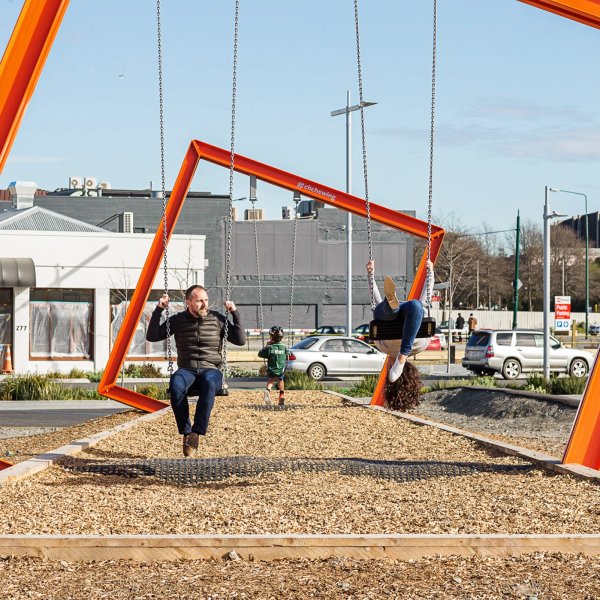 In Christchurch, placemaking social enterprise Gap Filler and developer Fletcher Living partnered to make the #Chchswing (2019), designed by F3: a perfect square format Instagram frame, as well as a place of social and physical activity.
