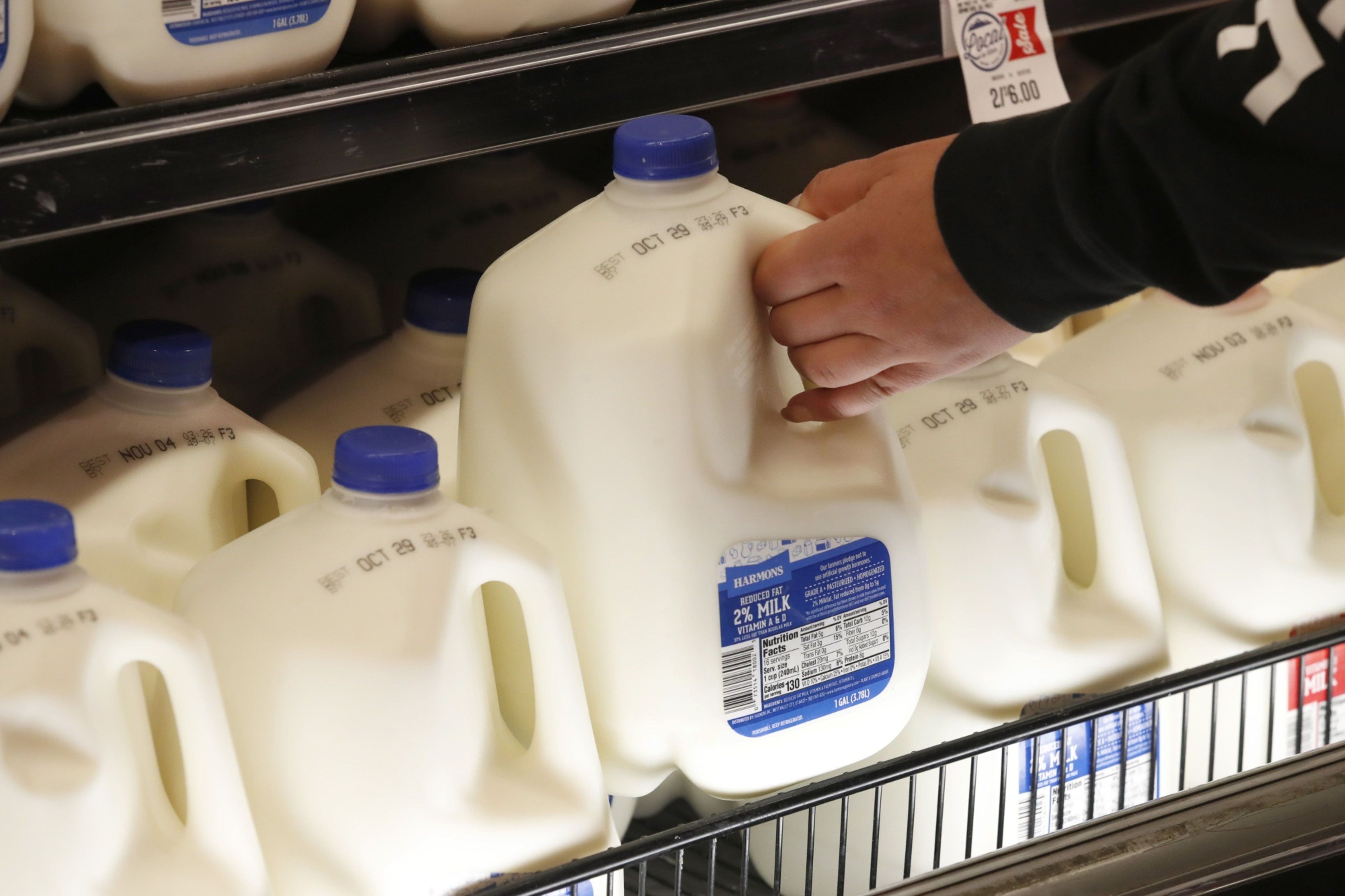 A customer picks up a gallon of milk for sale at Harmons Grocery store in Salt Lake City, Utah, U.S., on Thursday, Oct. 21, 2021. (George Frey/Bloomberg)