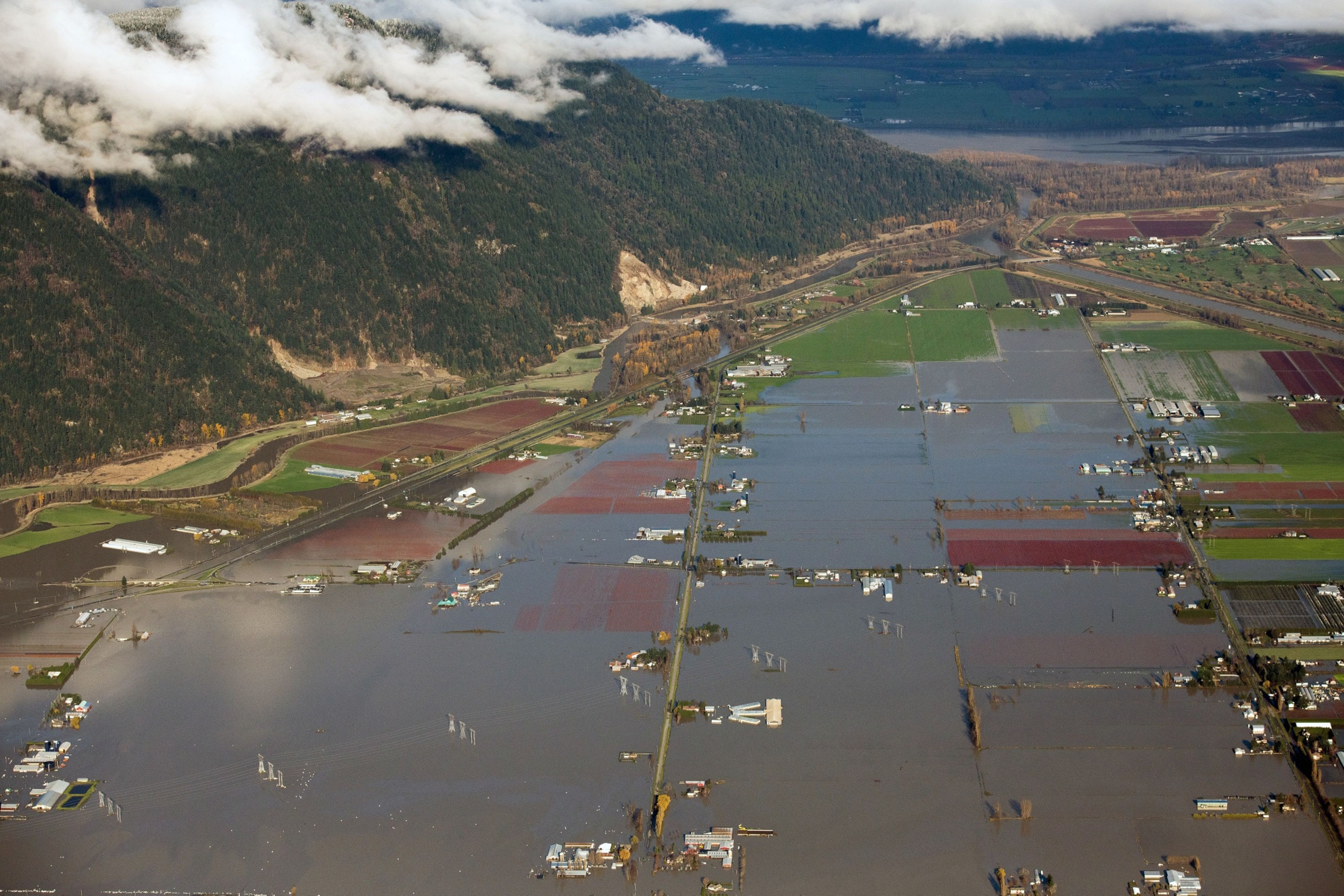 The flooded Sumas Prairie and Highway 1 near Abbotsford, British Columbia, Canada, on Friday, Nov. 19, 2021. (James MacDonald/Bloomberg)