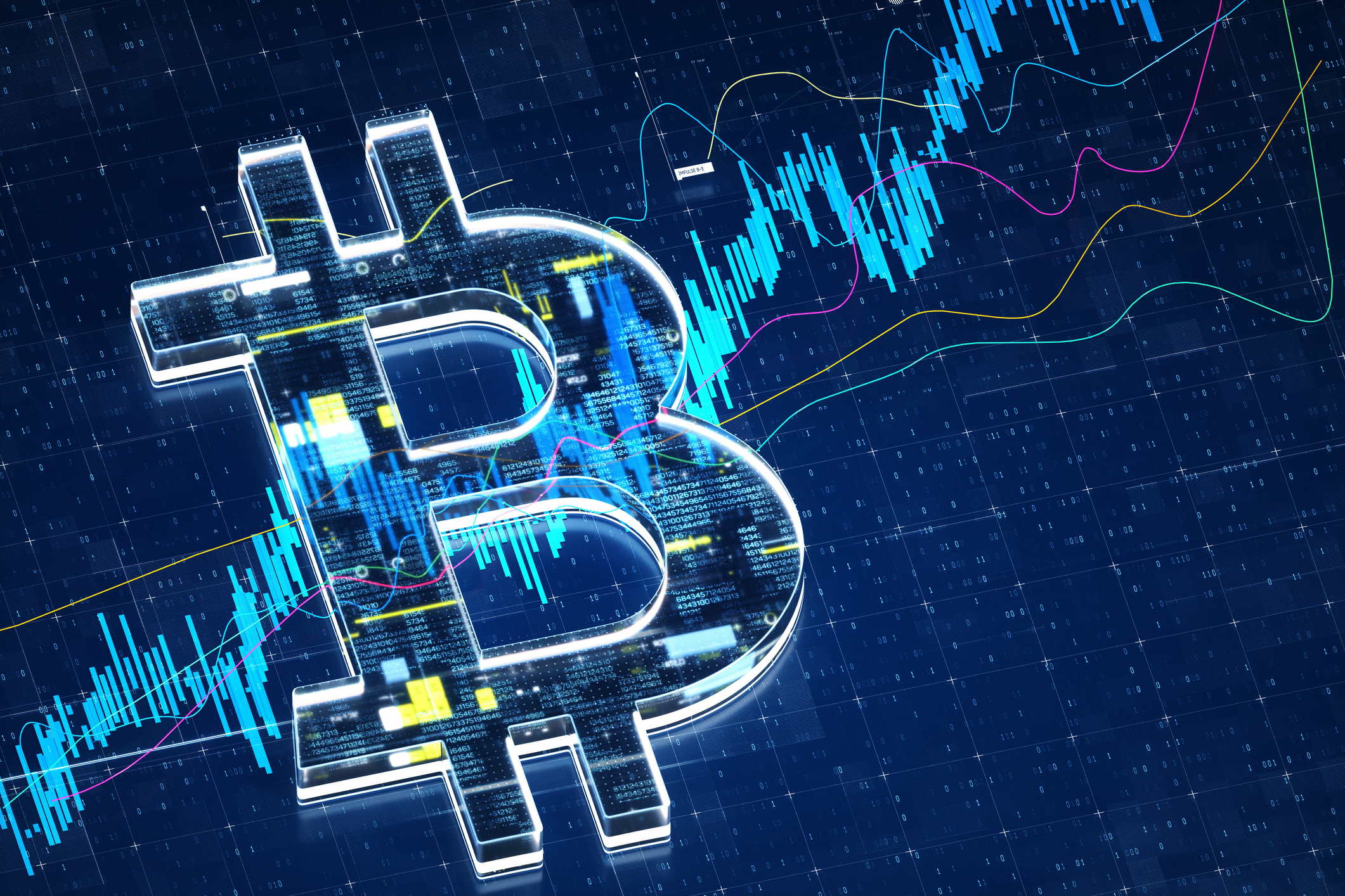 Digital generated image of Bitcoin sign stock market data on blue background. (Getty Images)