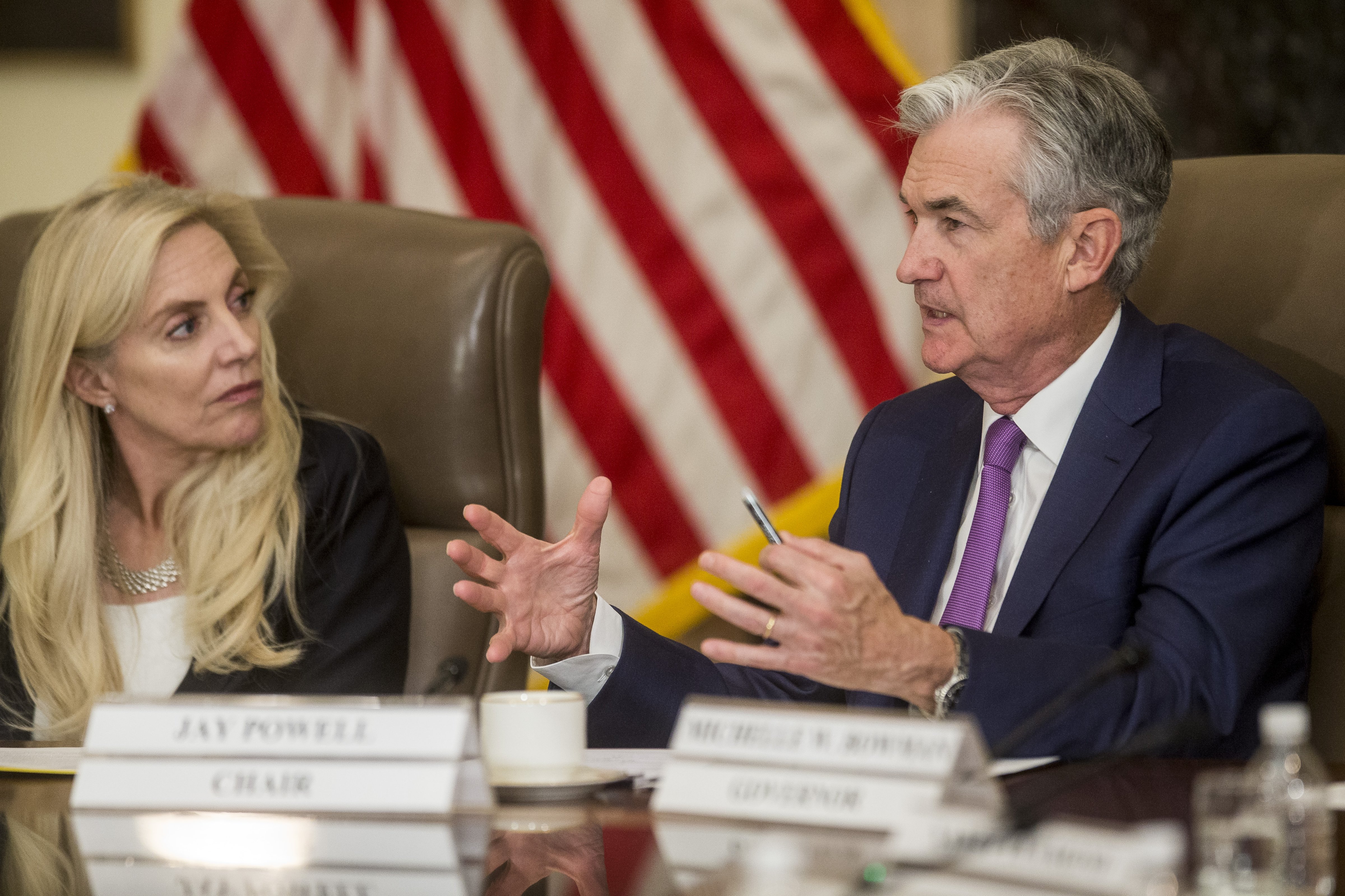Jerome Powell, chairman of the U.S. Federal Reserve, and Lael Brainard, governor of the U.S. Federal Reserve, left, in Washington, D.C., in 2019. (Bloomberg via Getty Images;© 2019)