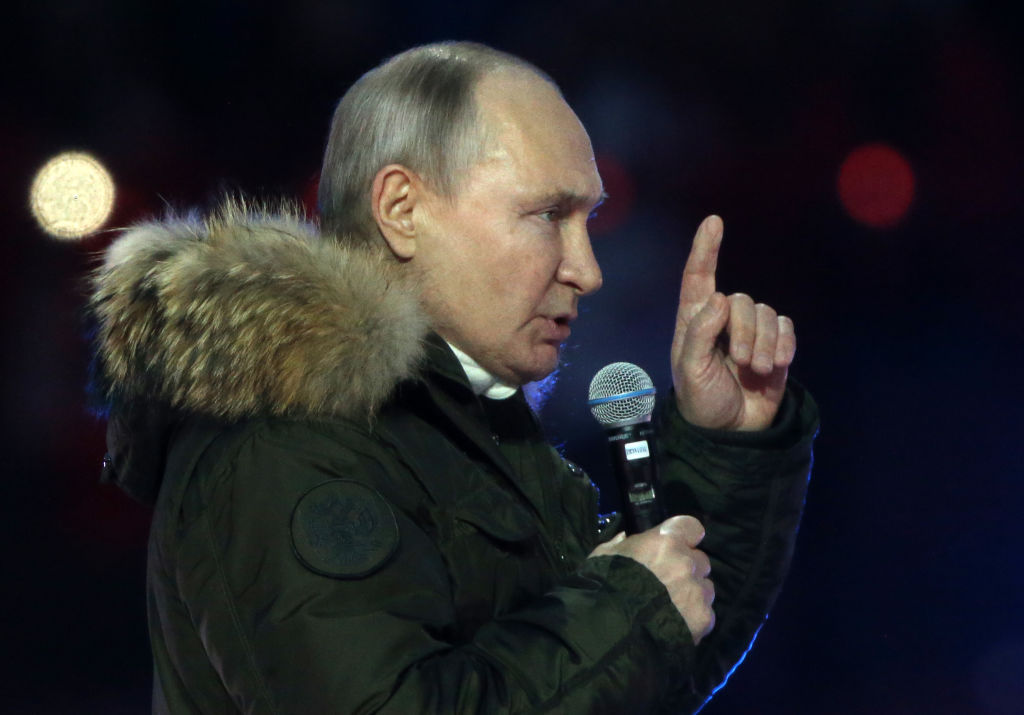 Russian President Vladimir Putin talks during a concert marking the 7th anniversary of Crimea annexation, on March 18, 2021 in Moscow, Russia. (Mikhail Svetlov/Getty Images)