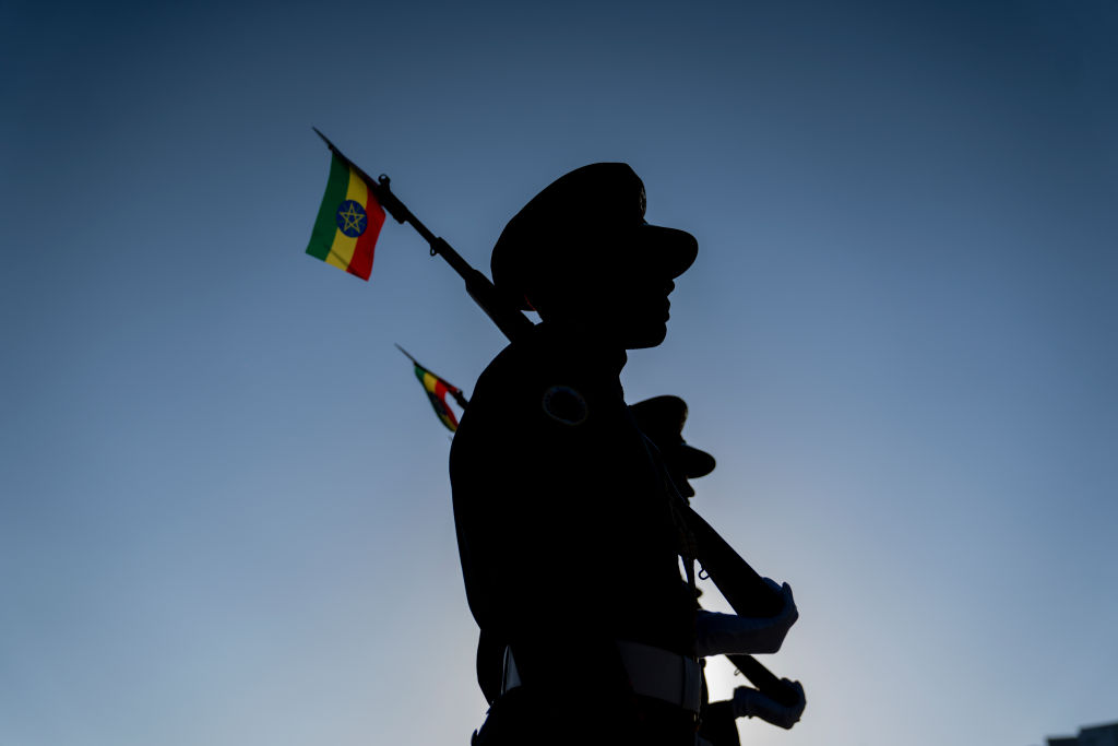 The Republican March Band of Ethiopia stand on guard as a ceremony is held to support the Ethiopian military troops battling against the Tigrayan People Liberation Front on Nov. 7, 2021 in Addis Ababa, Ethiopia (Getty Images)