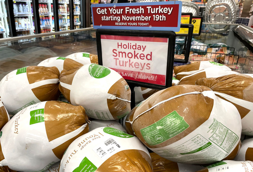 Turkeys are displayed for sale in a grocery store ahead of the Thanksgiving holiday on November 11, 2021 in Los Angeles, California. U.S. consumer prices have increased solidly in the past few months on items such as food, rent, cars and other goods as inflation has risen to a level not seen in 30 years. The consumer-price index rose by 6.2 percent in October compared to one year ago. (Mario Tama-Getty Images))