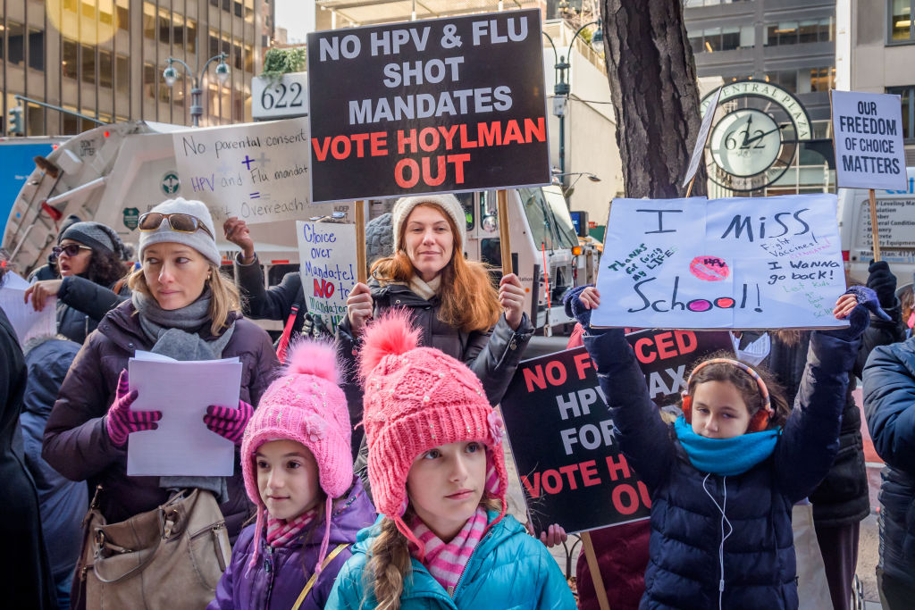Parents pulled their children out of school and held a rally outside Governor Andrew Cuomo's offices in Manhattan in 2019 to protest bills mandating HPV vaccine (Erik McGregor)