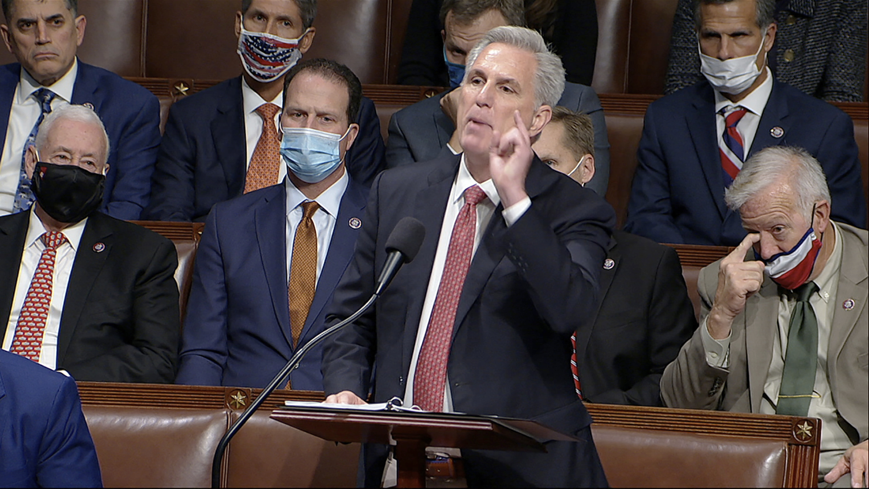 In this image from House Television, House Minority Leader Kevin McCarthy of Calif., speaks on the House floor during debate on the Democrats' expansive social and environment bill at the U.S. Capitol on Thursday, Nov. 18, 2021, in Washington. (House Television/AP)