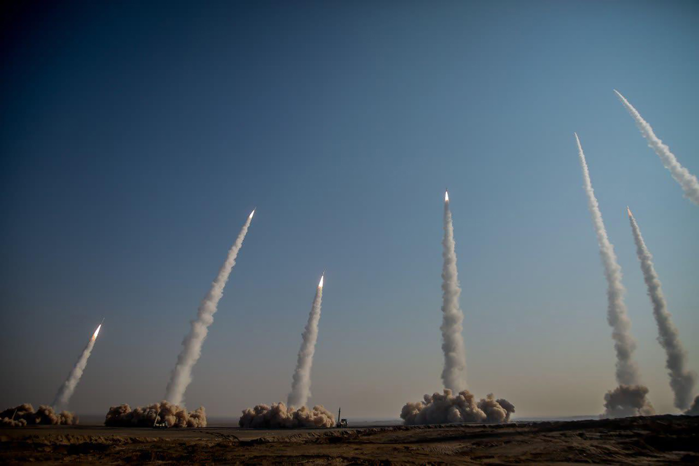 In this photo released on Friday, Jan. 15, 2021, by the Iranian Revolutionary Guard, missiles are launched in a drill in Iran. (AP)