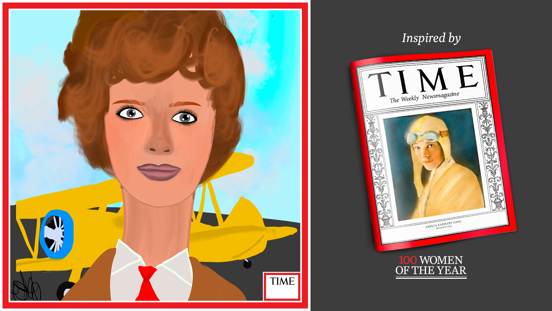 Left: Amelia Earhart by Nyla Hayes (red border, custom background) Right: TIME Cover 1935