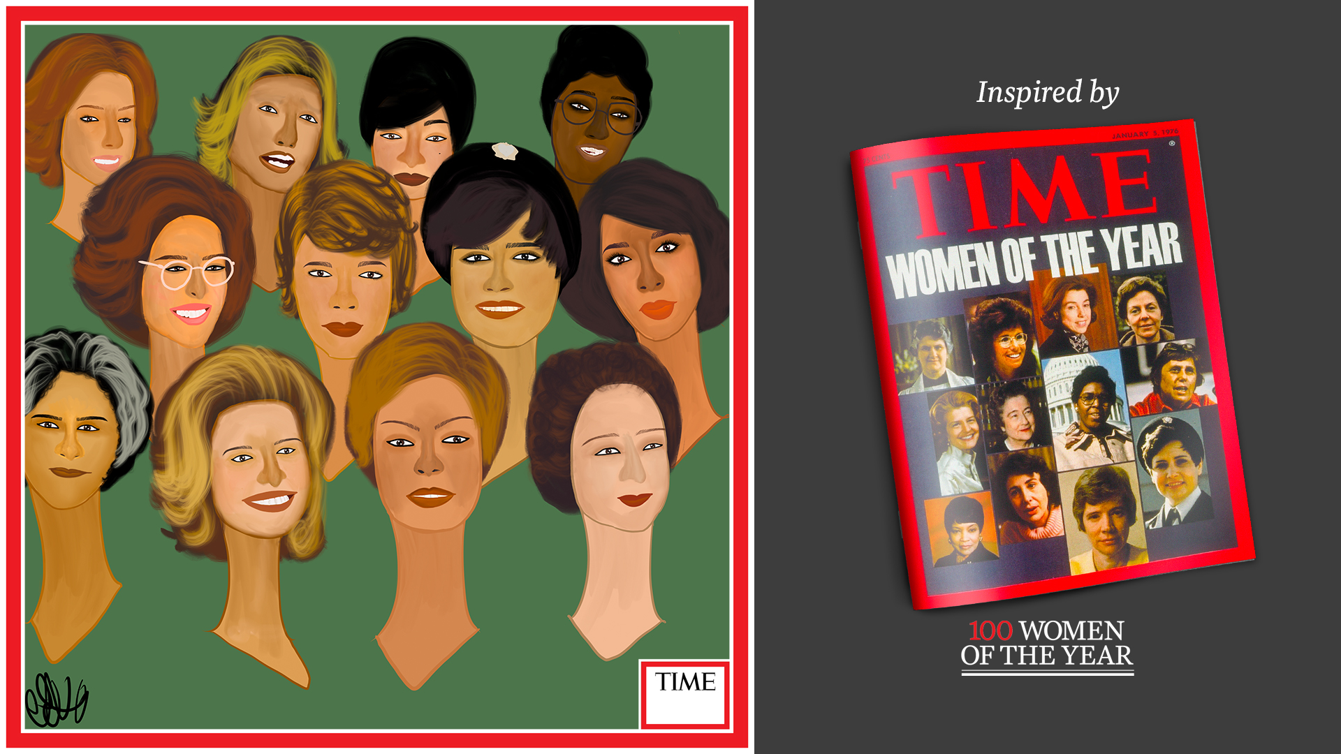 Left: American Women by Nyla Hayes (red border, custom background) Right: TIME Cover 1975