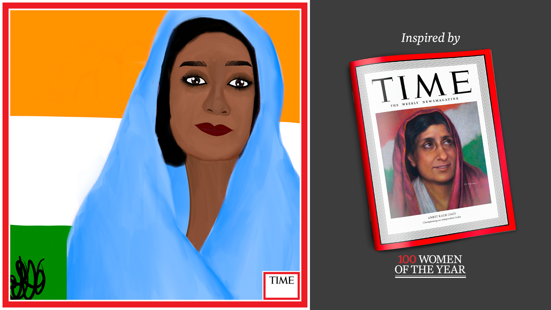 Left: Amrit Kaur by Nyla Hayes (red border, custom background) Right: TIME Cover 1947