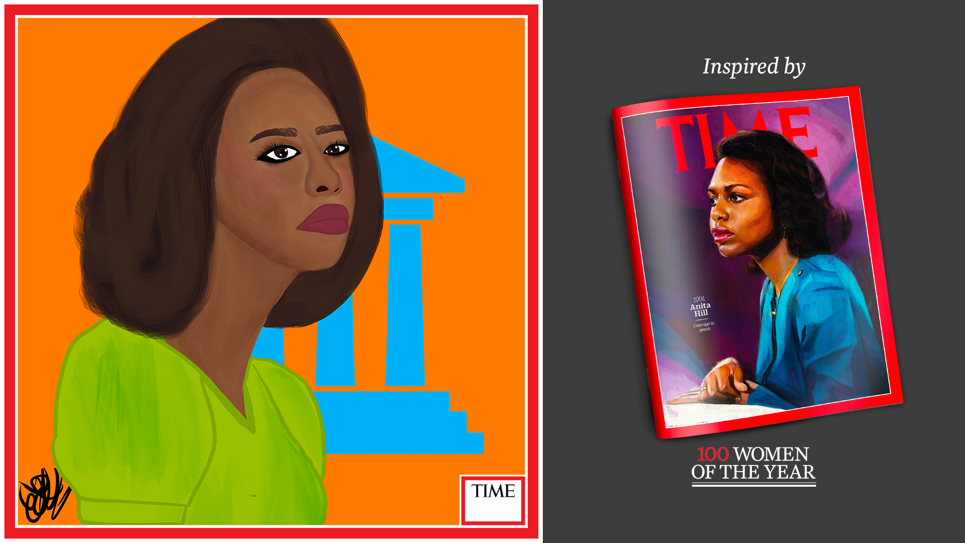 Left: Anita by Nyla Hayes (red border, custom background) Right: TIME Cover 1991
