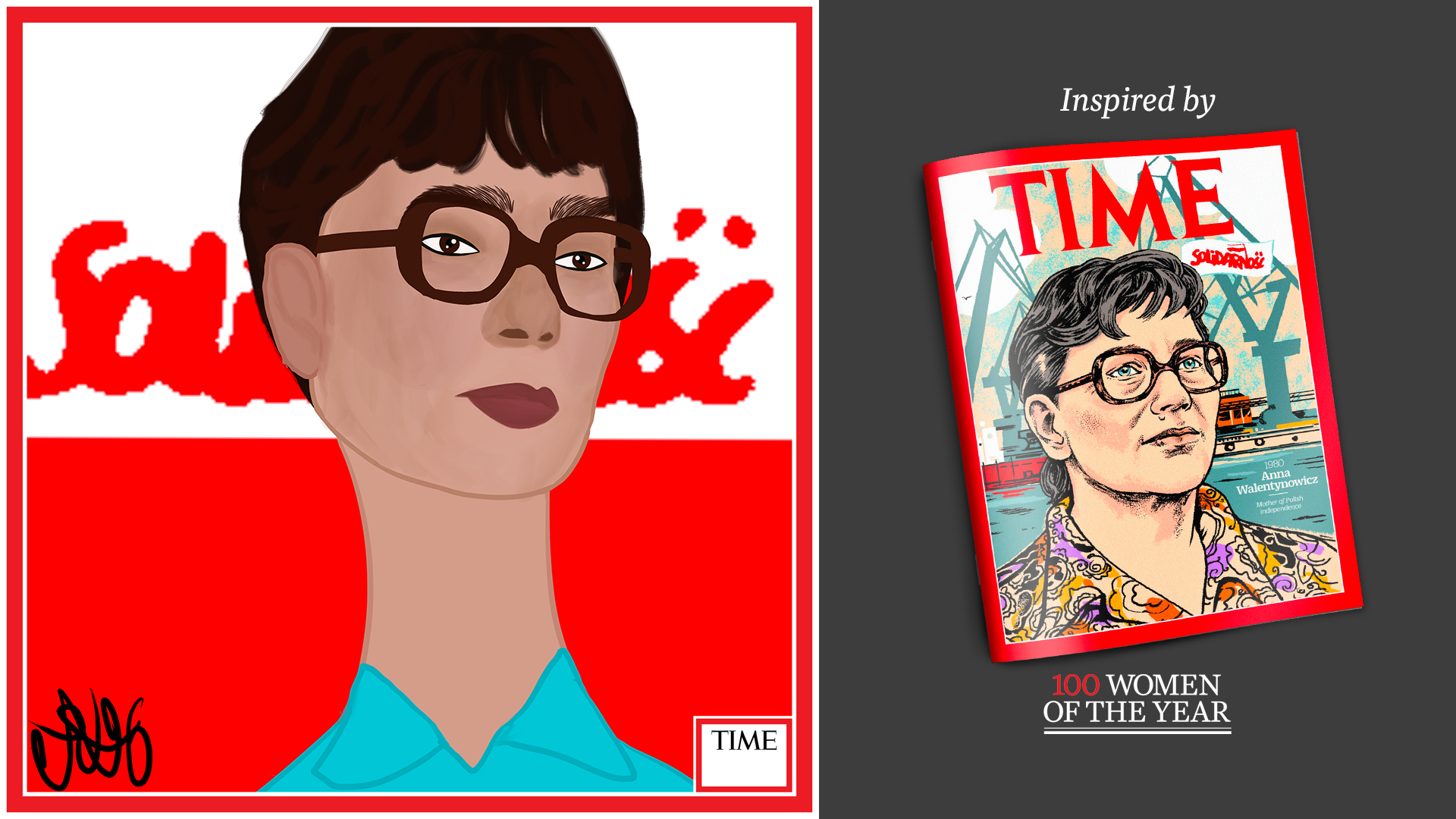 Left: Anna Walentynowicz by Nyla Hayes (red border, custom background) Right: TIME Cover 1980