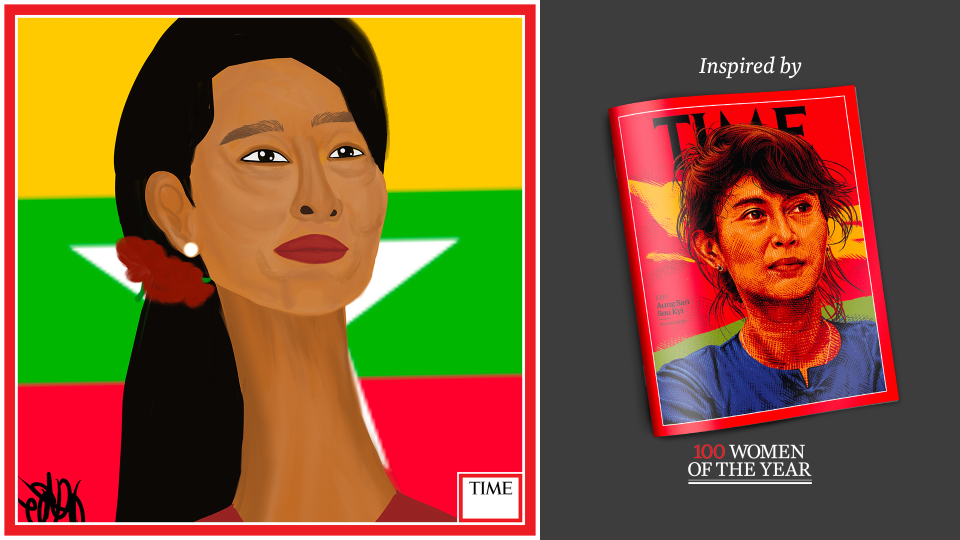 Left: Aung San Suu Kyi by Nyla Hayes (red border, custom background) Right: TIME Cover 1990