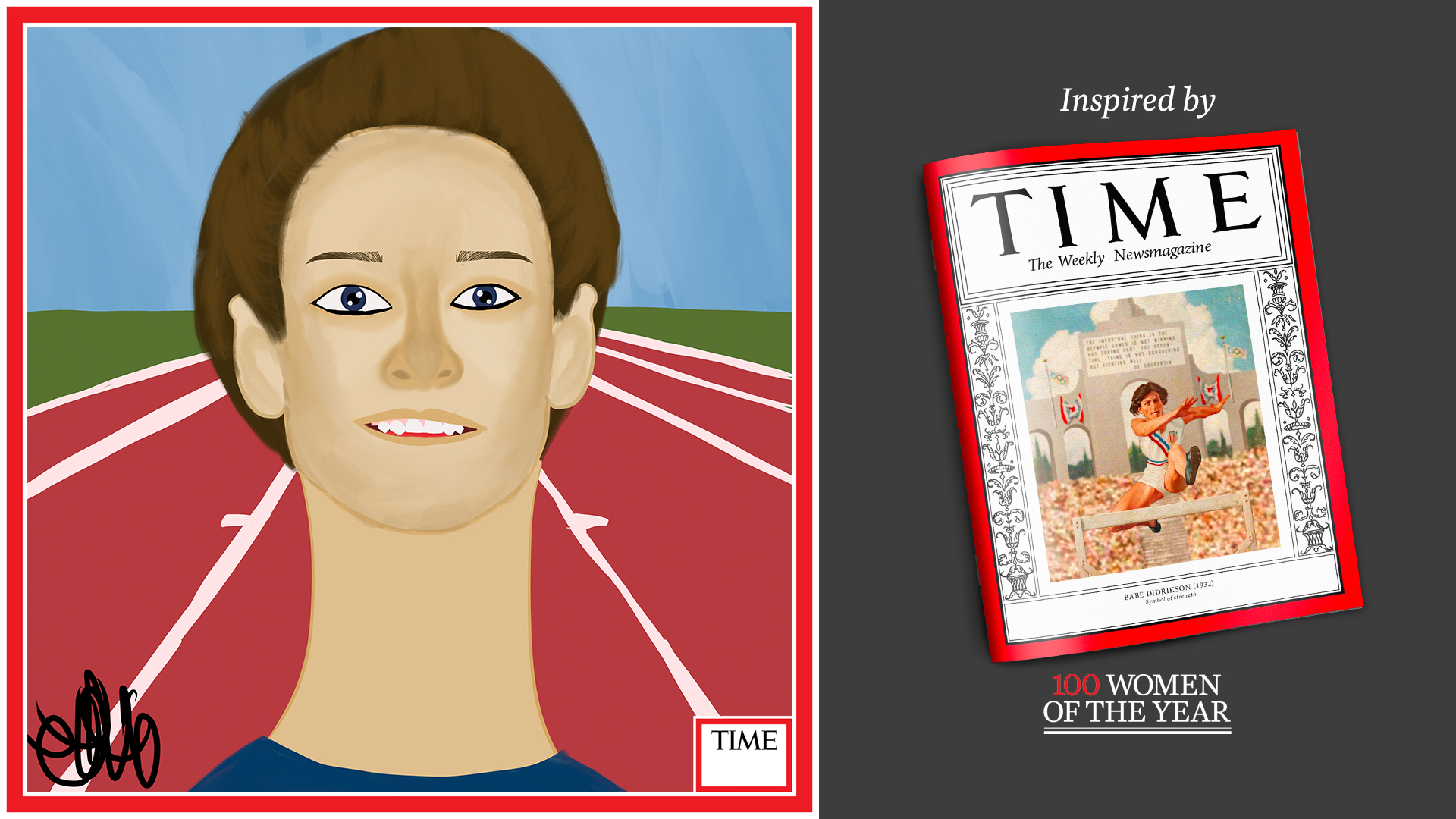 Left: Babe Didrikson by Nyla Hayes (red border, custom background) Right: TIME Cover 1932
