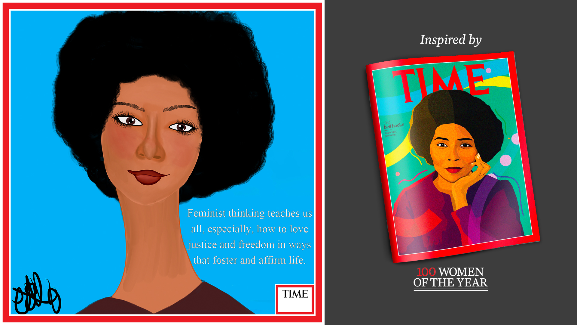 Left: bell hooks by Nyla Hayes (red border, custom background) Right: TIME Cover 1984