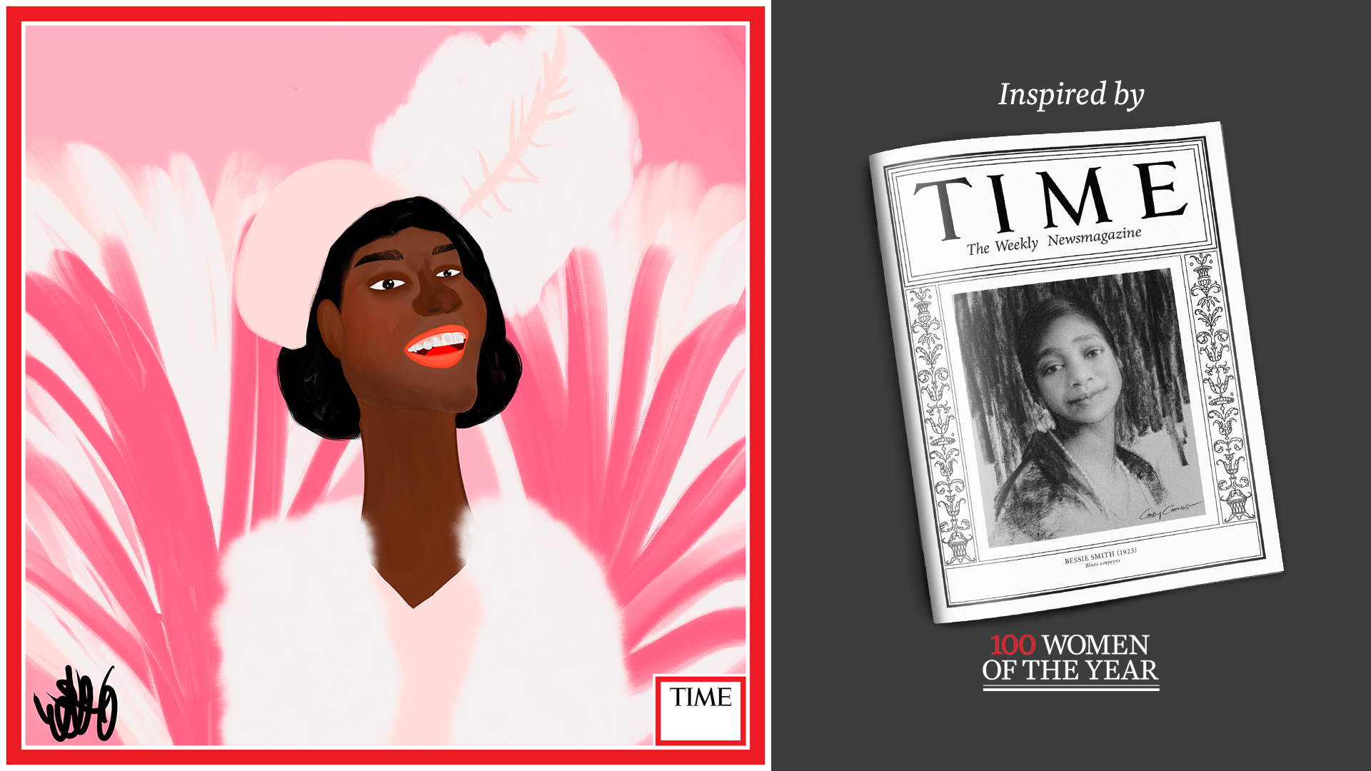 Left: Bessie Smith by Nyla Hayes (red border, custom background) Right: TIME Cover 1923