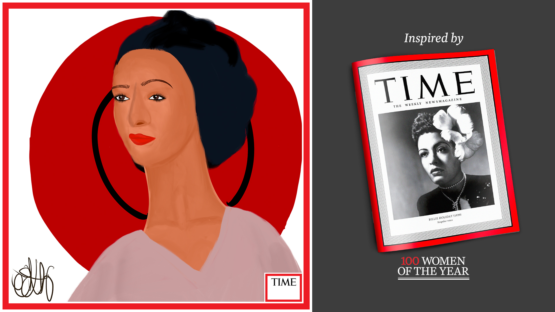 Left: Billie Holiday by Nyla Hayes (red border, custom background) Right: TIME Cover 1939