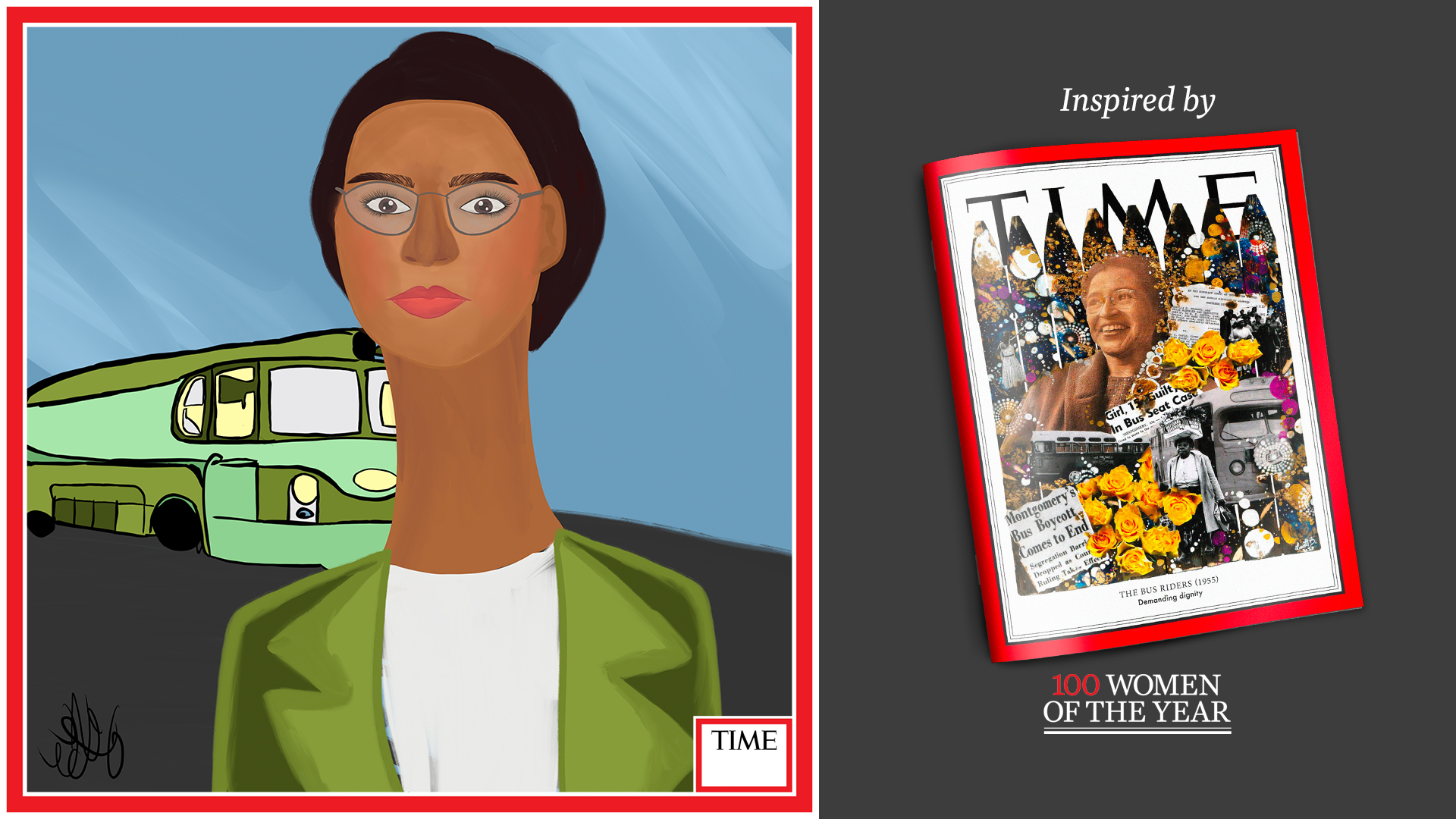 Left: The Bus Riders by Nyla Hayes (red border, custom background) Right: TIME Cover 1955