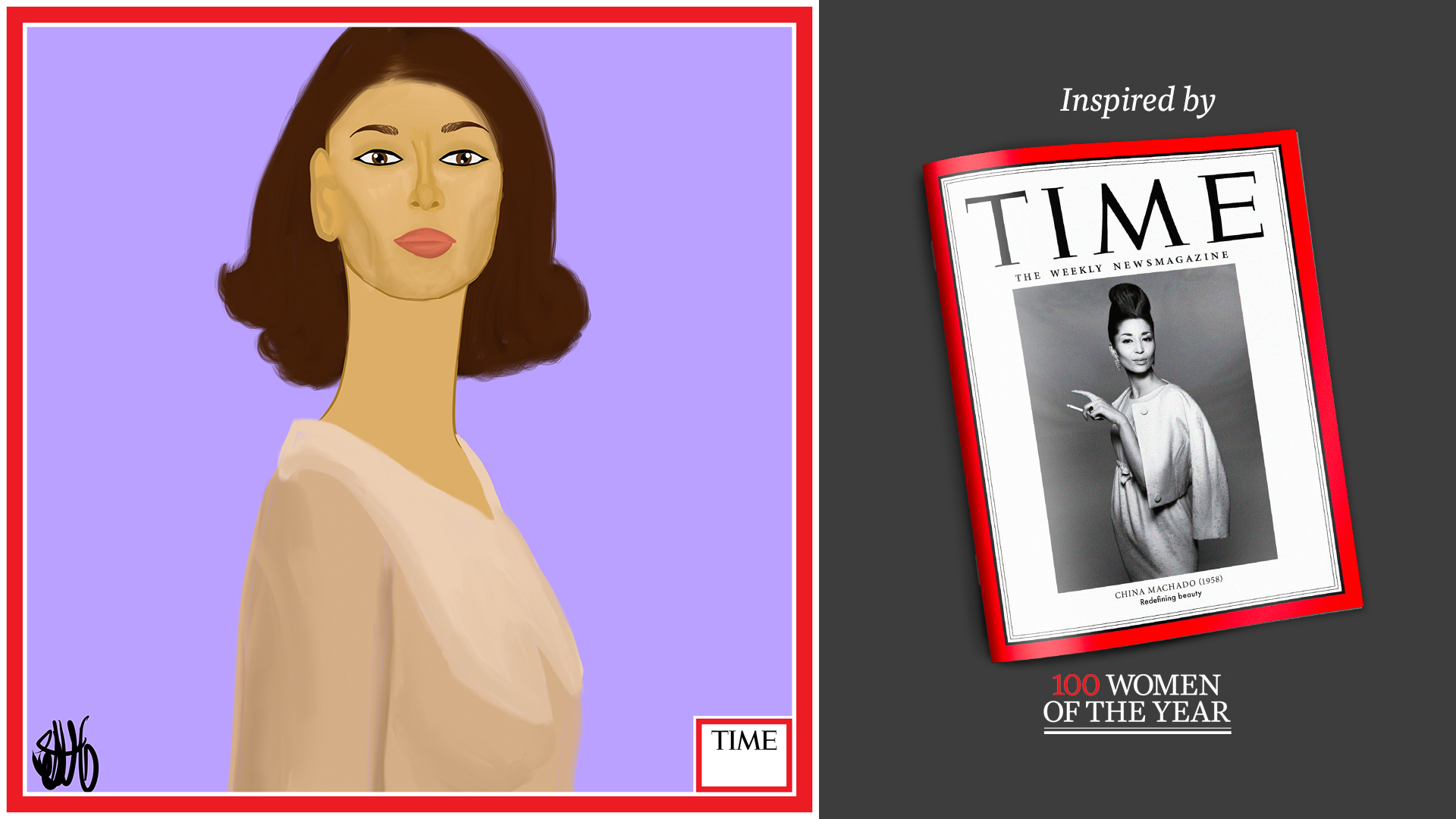 Left: China Machado by Nyla Hayes (red border, custom background) Right: TIME Cover 1958