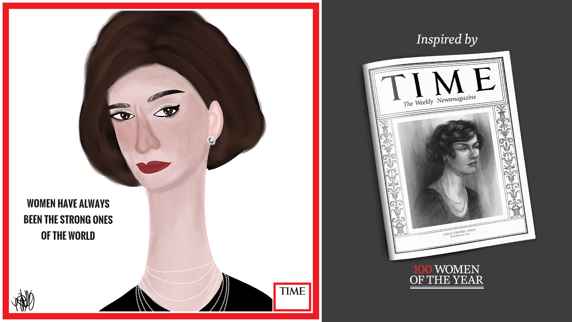 Left: Coco Chanel by Nyla Hayes (red border, custom background) Right: TIME Cover 1924