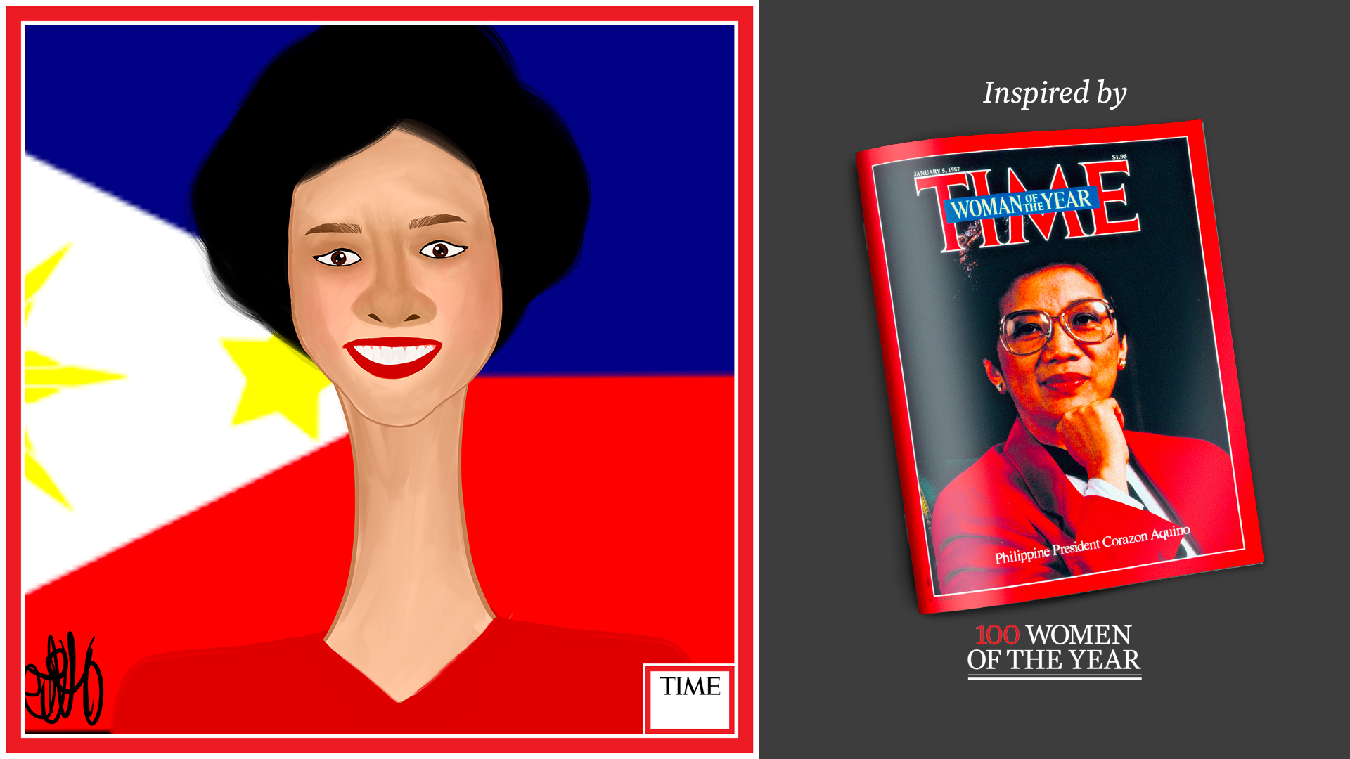 Left: Corazon Aquino by Nyla Hayes (red border, custom background) Right: TIME Cover 1986