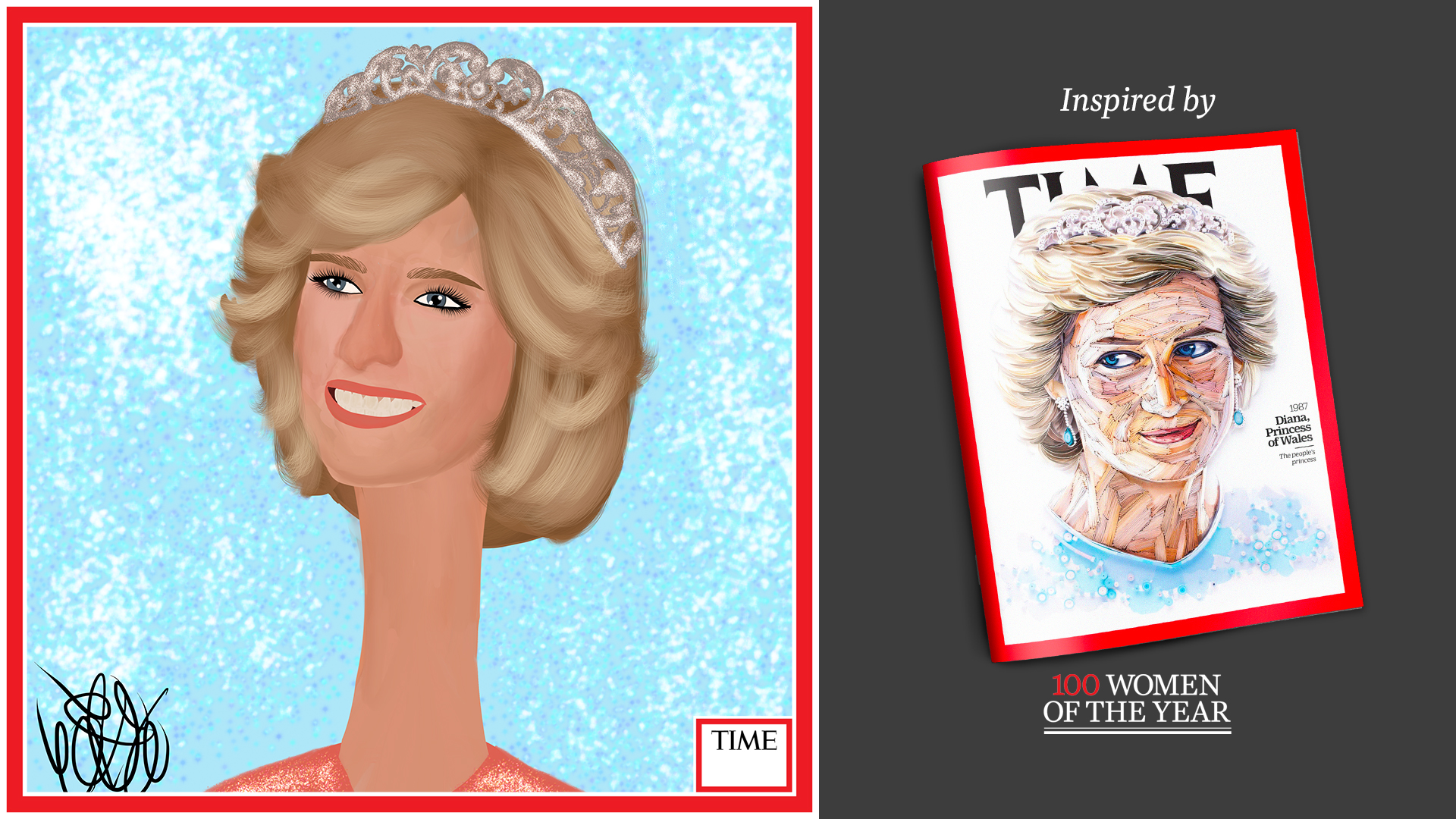 Left: Diana, Princess of Wales by Nyla Hayes (red border, custom background) Right: TIME Cover 1987