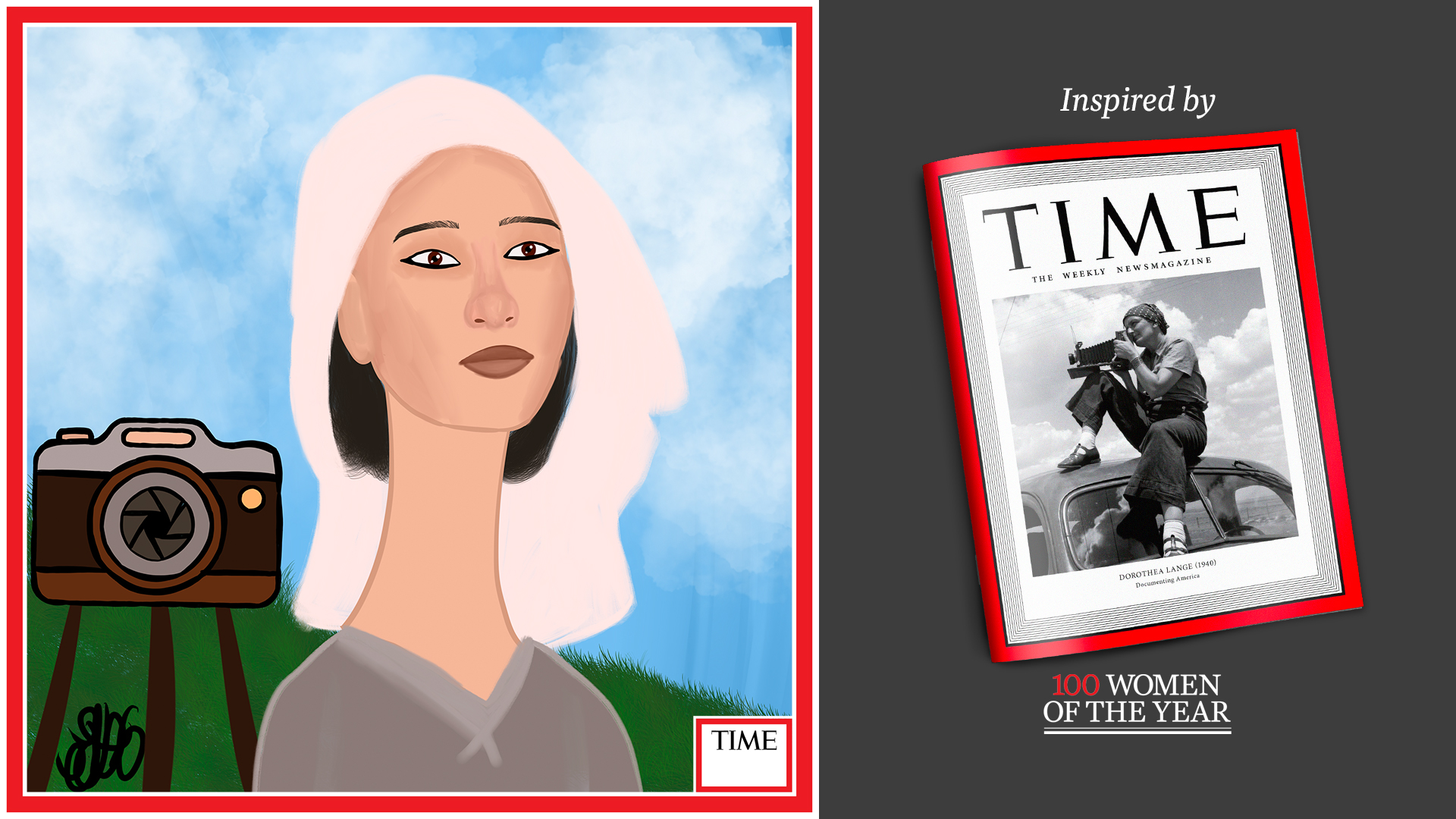 Left: Dorothea Lange by Nyla Hayes (red border, custom background) Right: TIME Cover 1940
