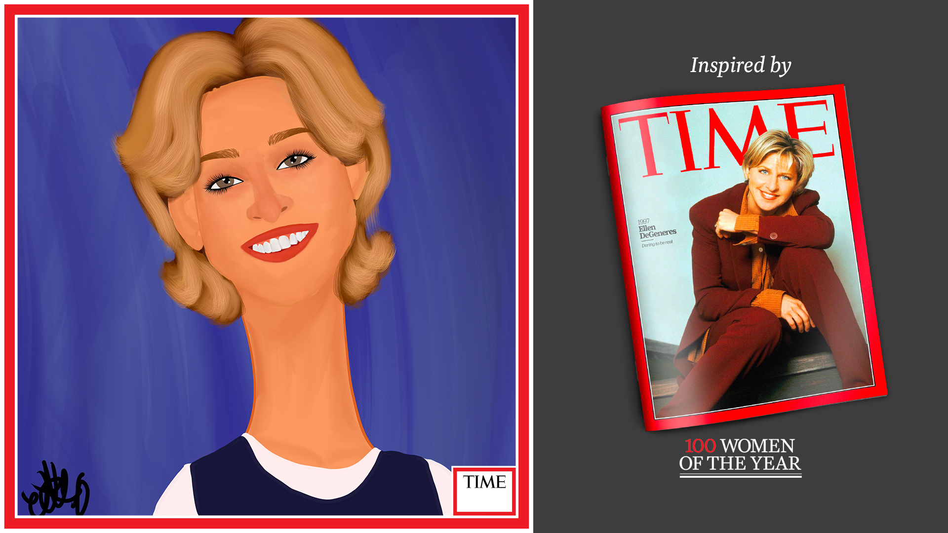 Left: Ellen Degeneres by Nyla Hayes (red border, custom background) Right: TIME Cover 1997