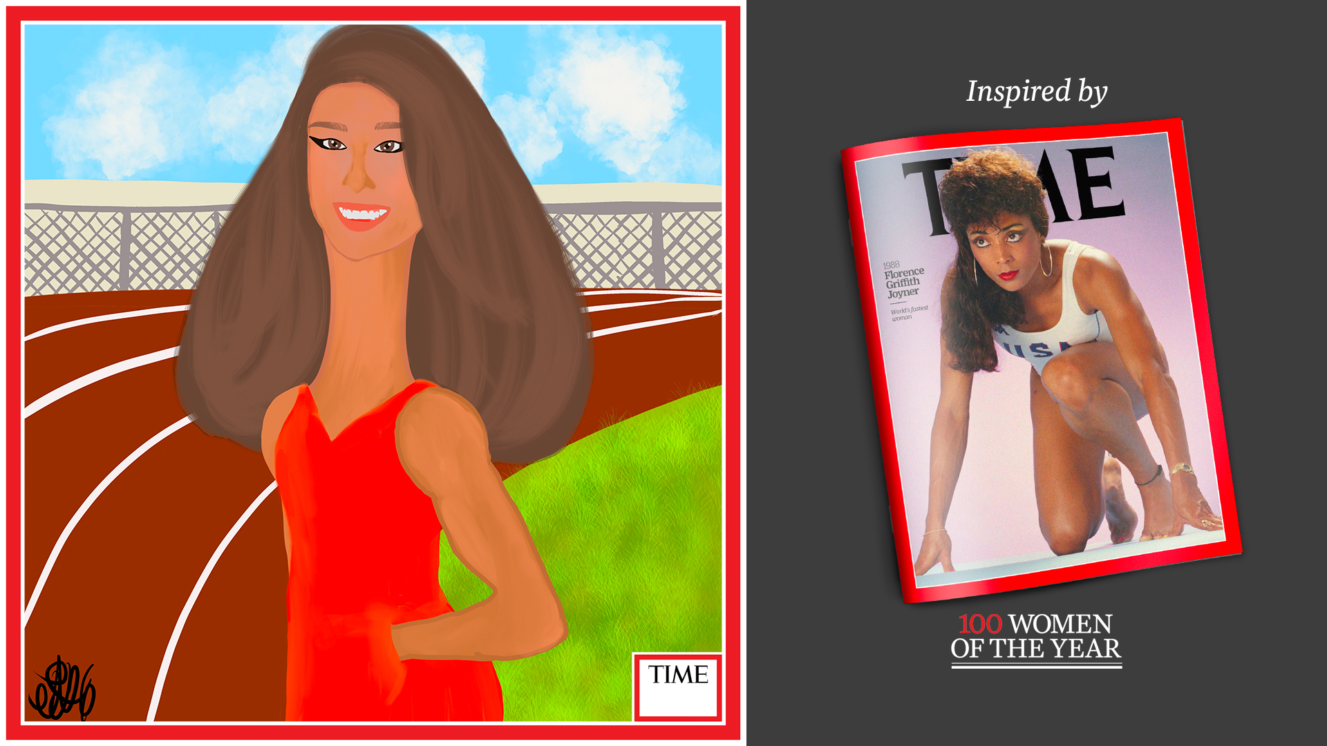 Left: Florence Griffith Joyner by Nyla Hayes (red border, custom background) Right: TIME Cover 1988