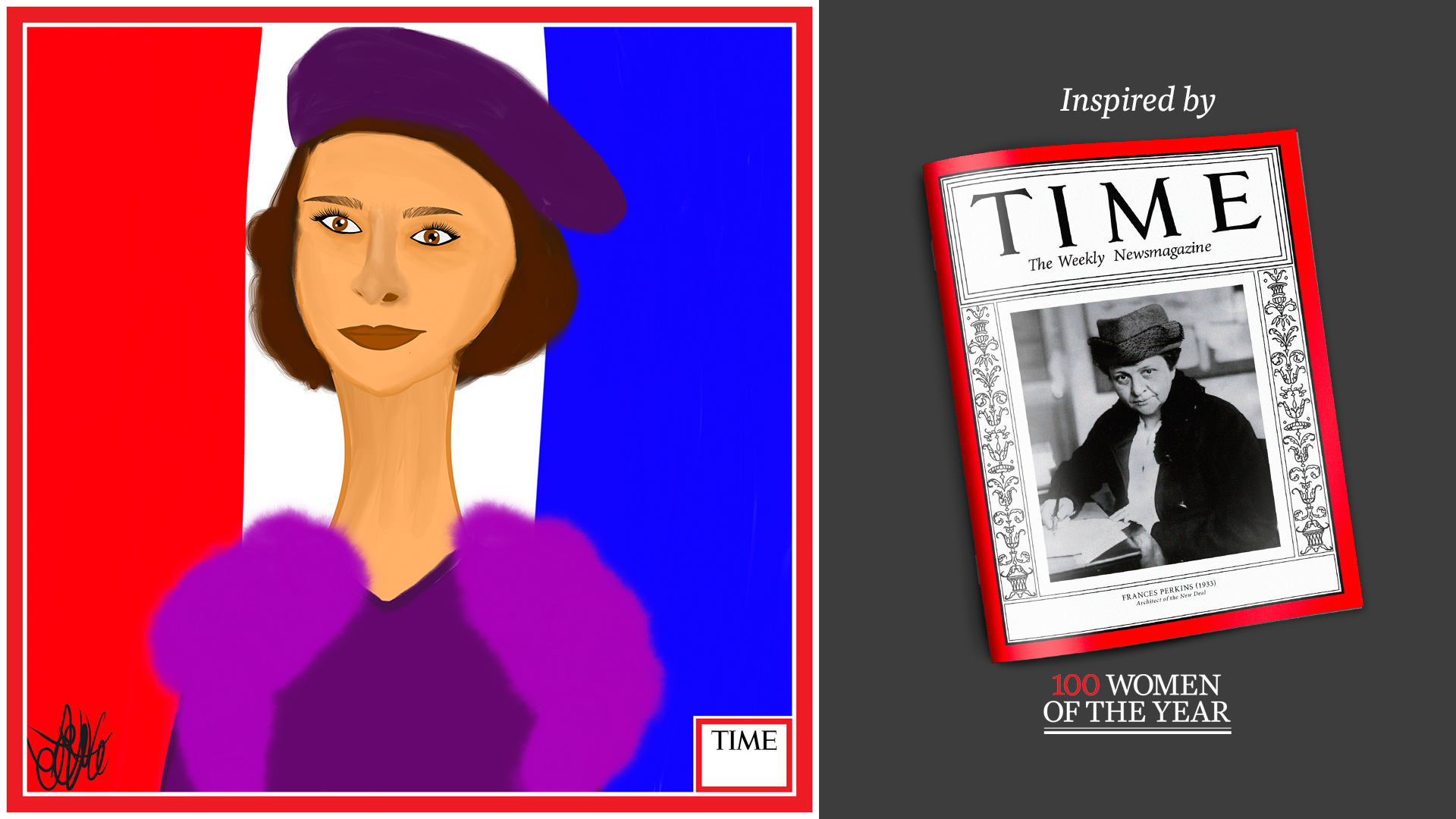 Left: Frances Perkins by Nyla Hayes (red border, custom background) Right: TIME Cover 1933