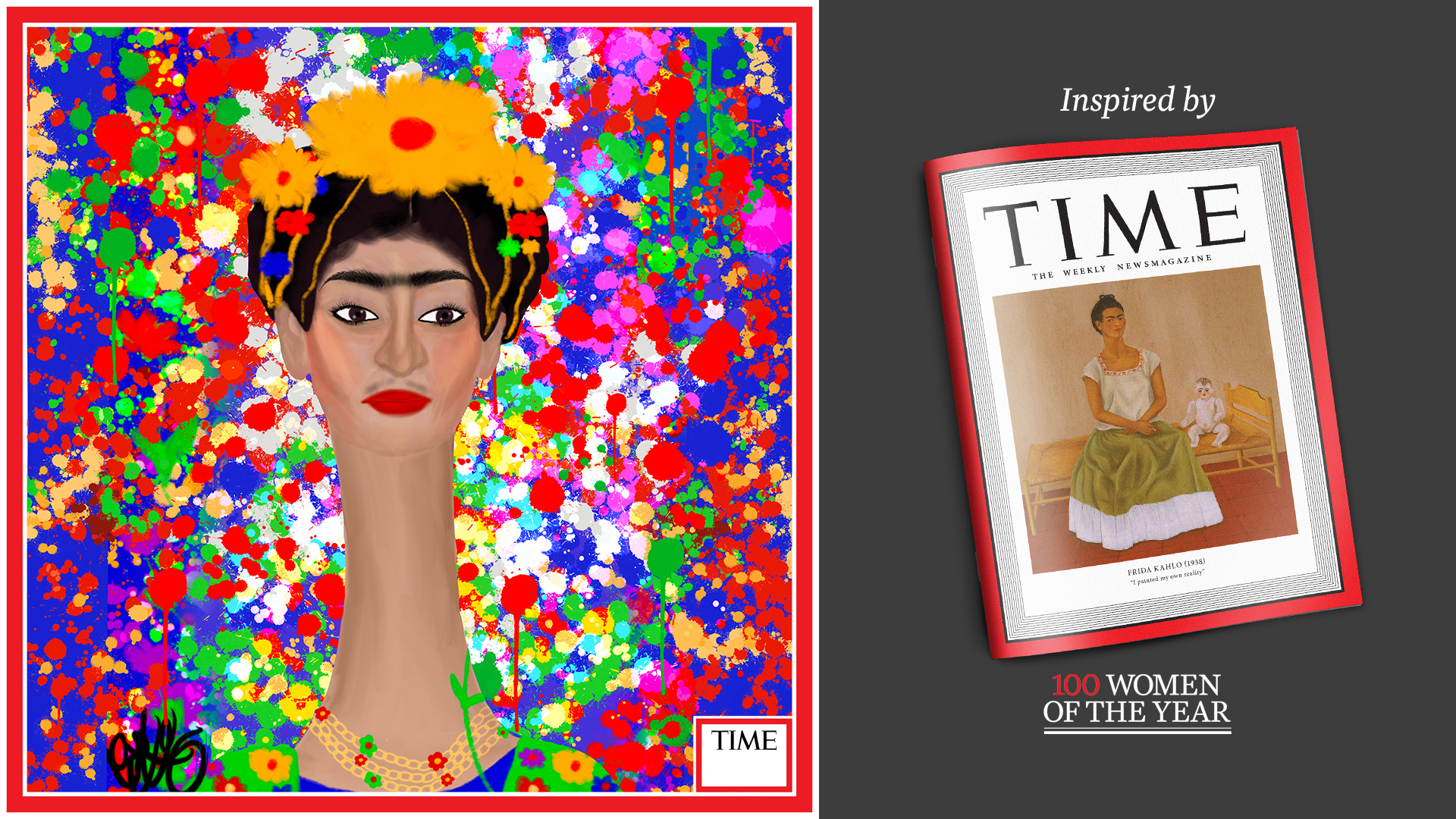 Left: Frida Kahlo by Nyla Hayes (red border, custom background) Right: TIME Cover 1938 featuring Frida Kahlo (*Nyla's collection only includes her art. There are no "side x sides.")