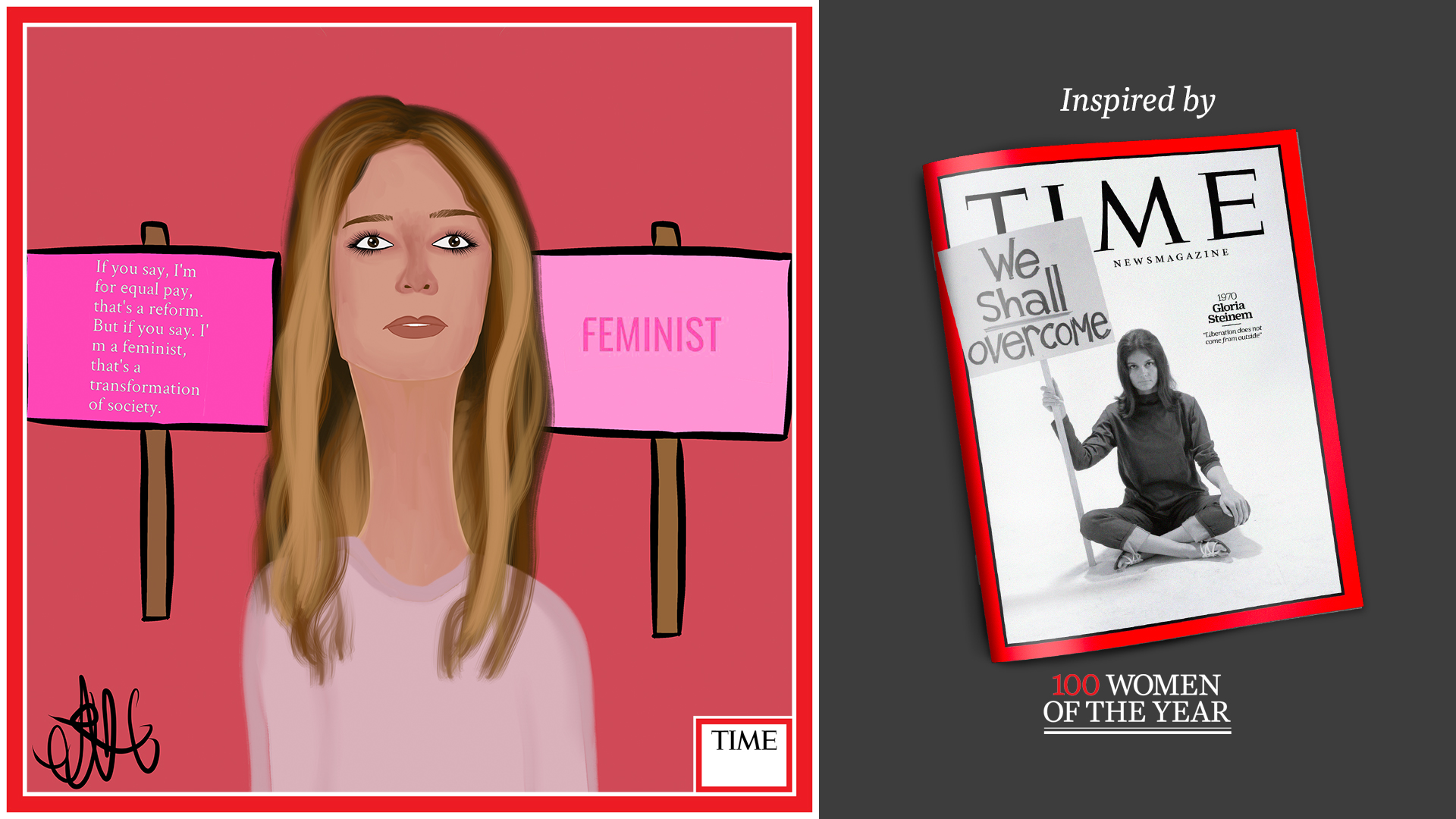 Left: Gloria Steinem by Nyla Hayes (red border, custom background) Right: TIME Cover 1970