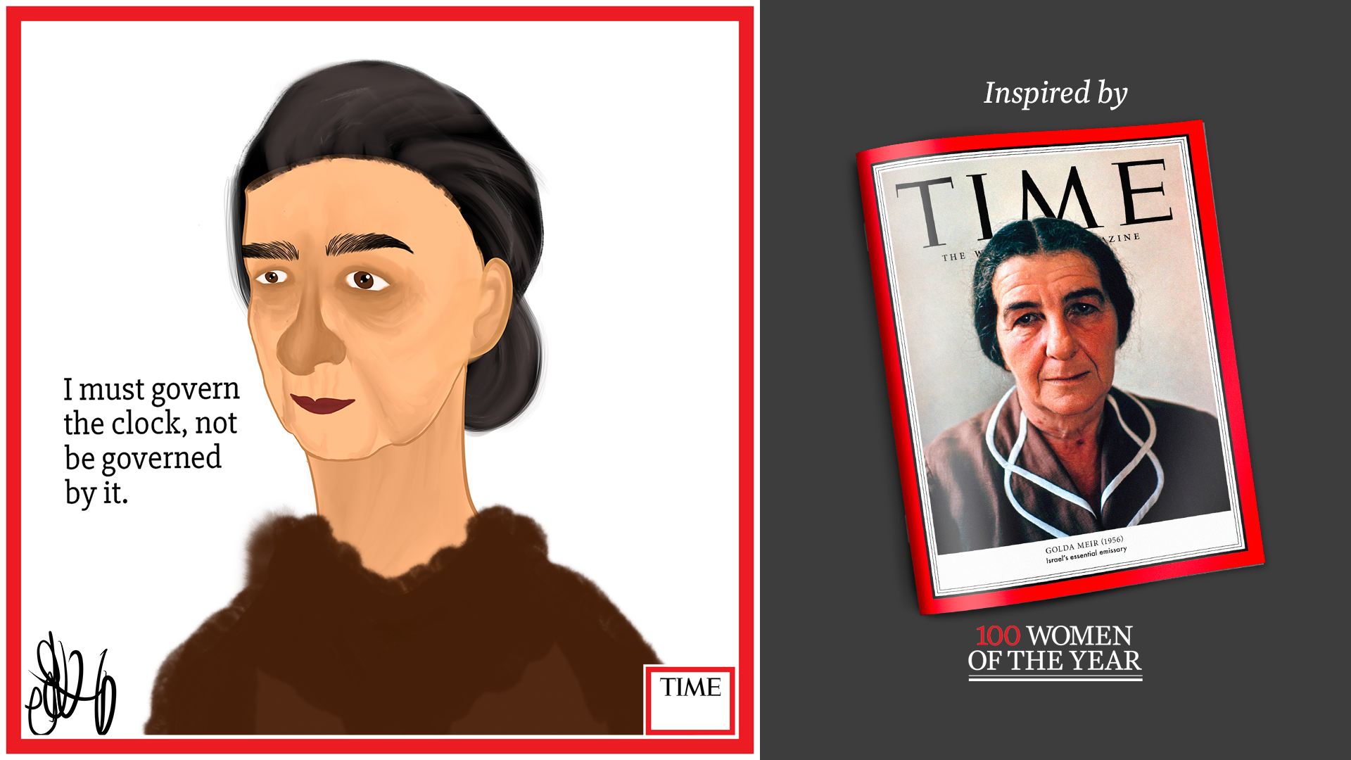 Left: Golda Meir by Nyla Hayes (red border, custom background) Right: TIME Cover 1956