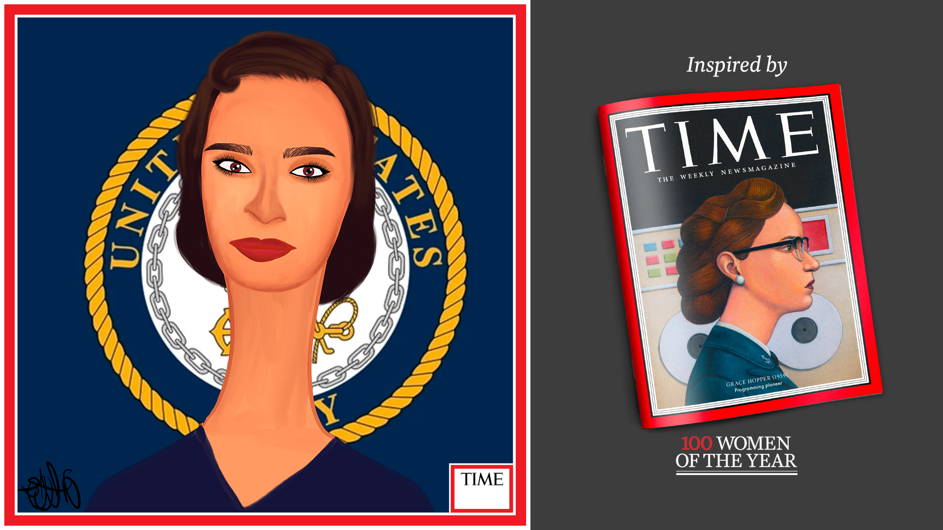 Left: Grace Hopper by Nyla Hayes (red border, custom background) Right: TIME Cover 1959