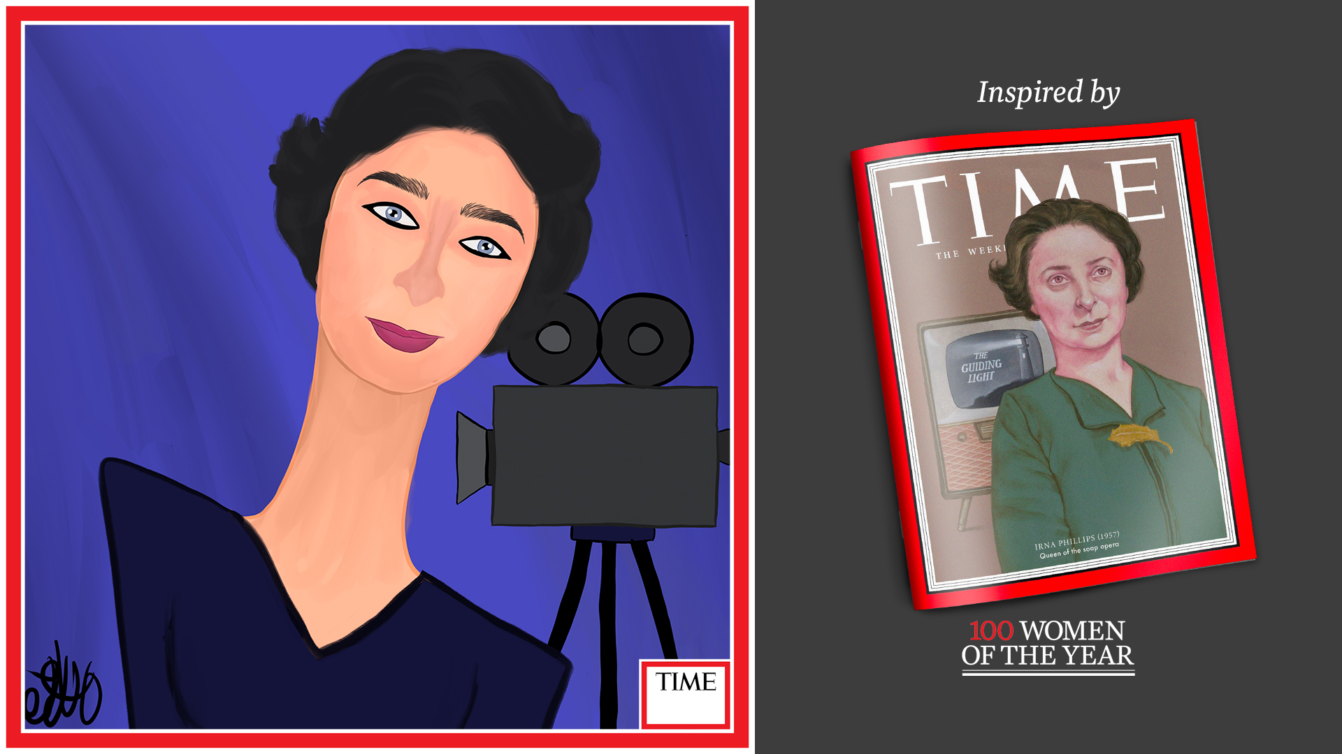 Left: Irna Phillips by Nyla Hayes (red border, custom background) Right: TIME Cover 1957