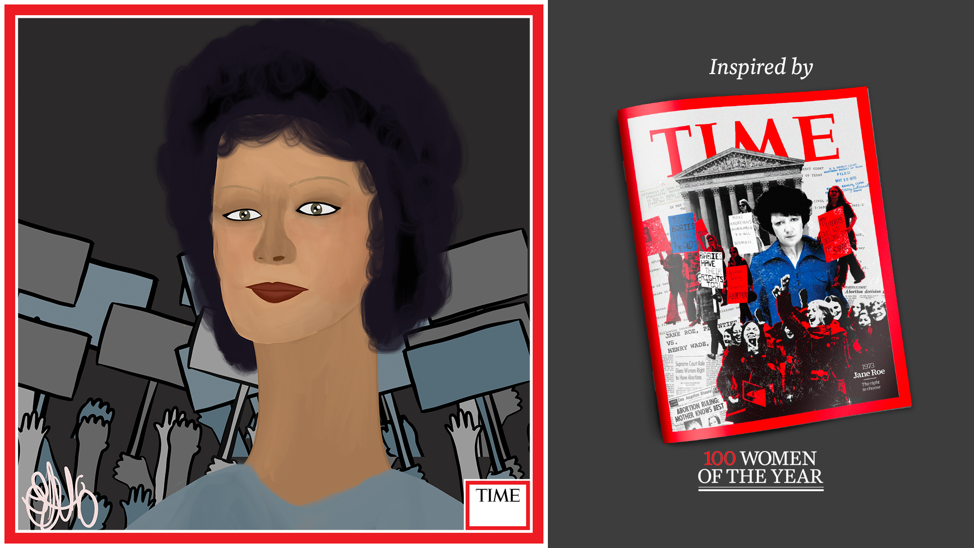 Left: Jane Roe by Nyla Hayes (red border, custom background) Right: TIME Cover 1973