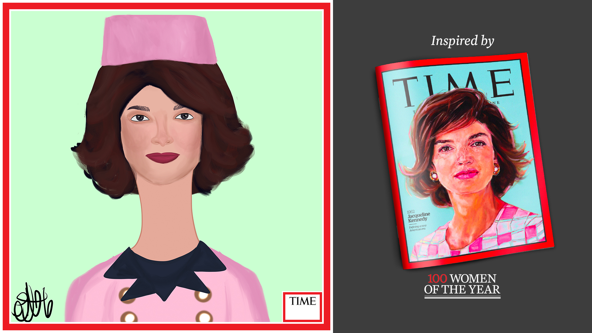 Left: Jacqueline Kennedy by Nyla Hayes (red border, custom background) Right: TIME Cover 1962