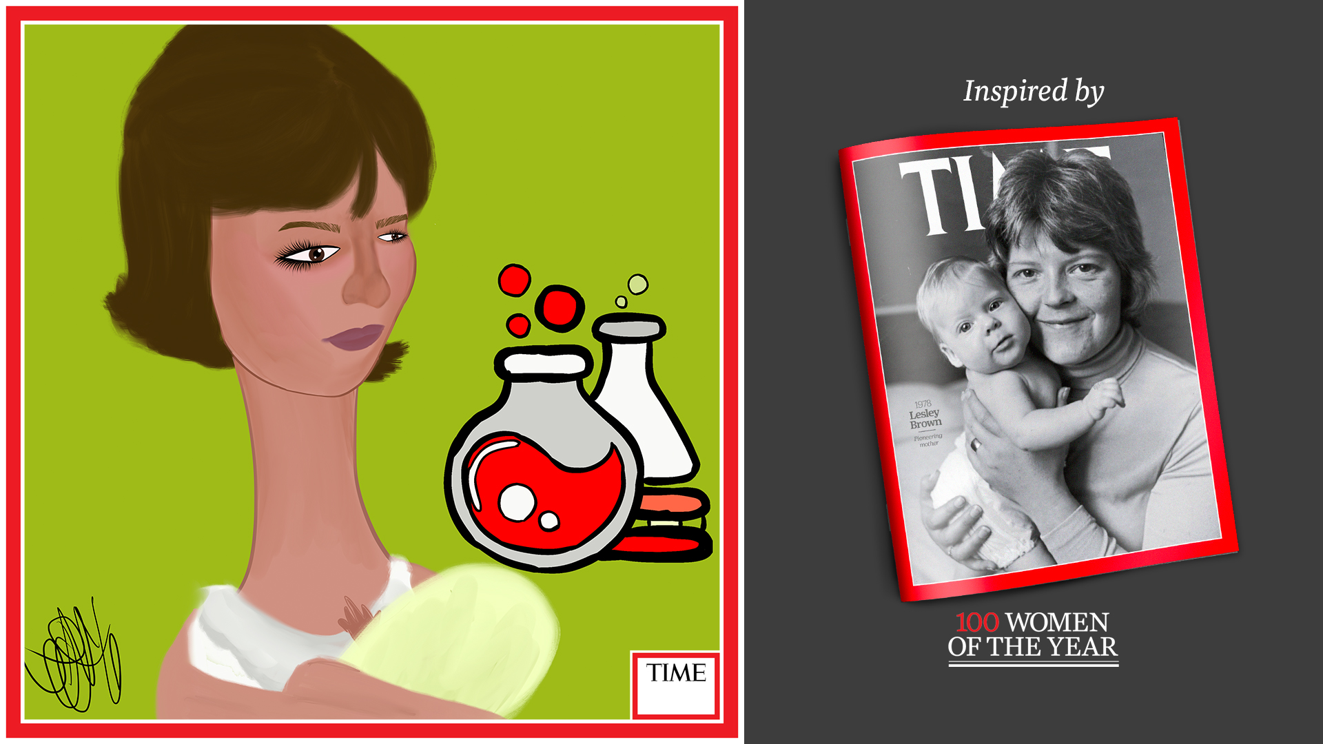Left: Lesley Brown by Nyla Hayes (red border, custom background) Right: TIME Cover 1978