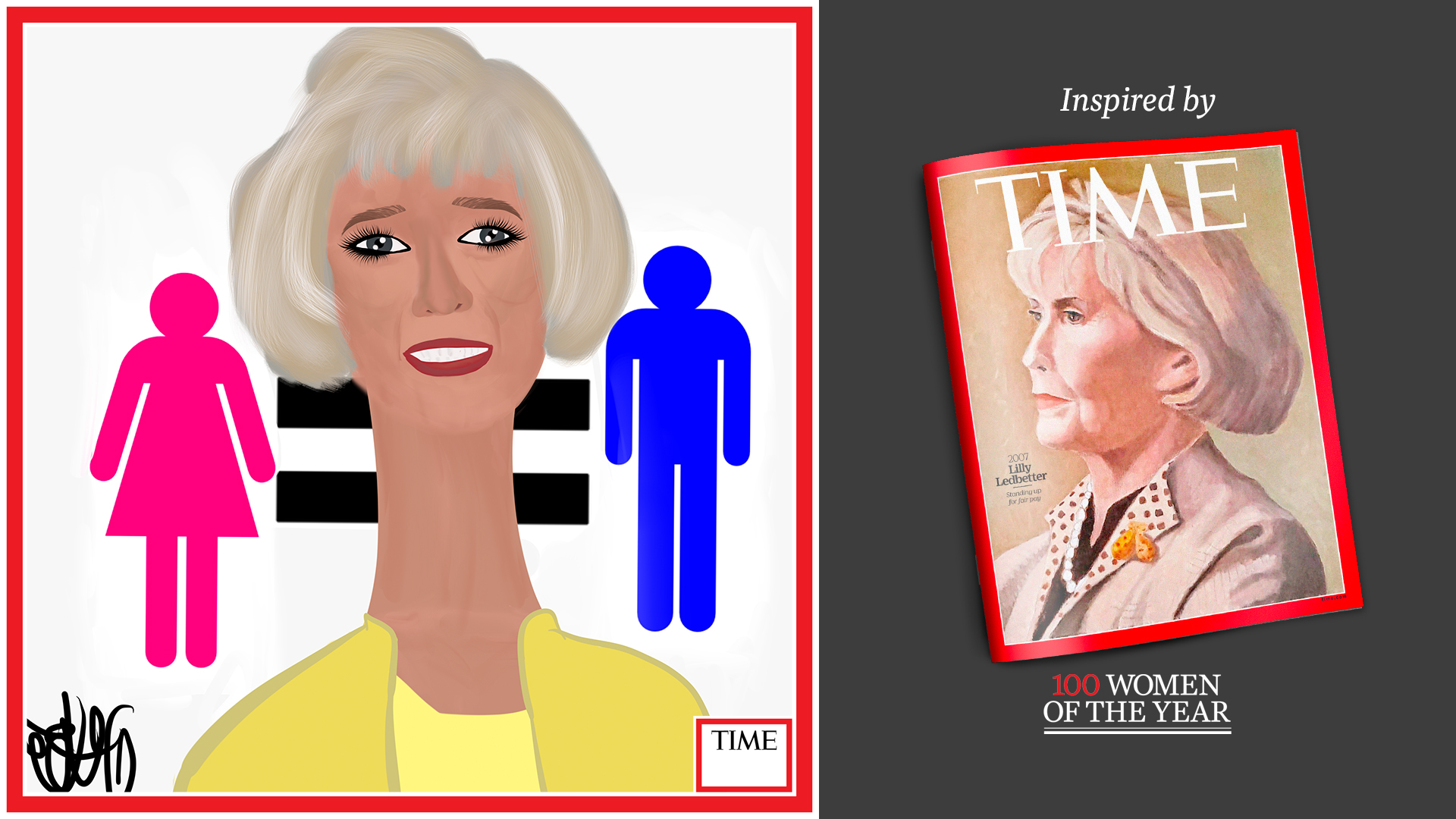 Left: Lilly Ledbetter by Nyla Hayes (red border, custom background) Right: TIME Cover 2007
