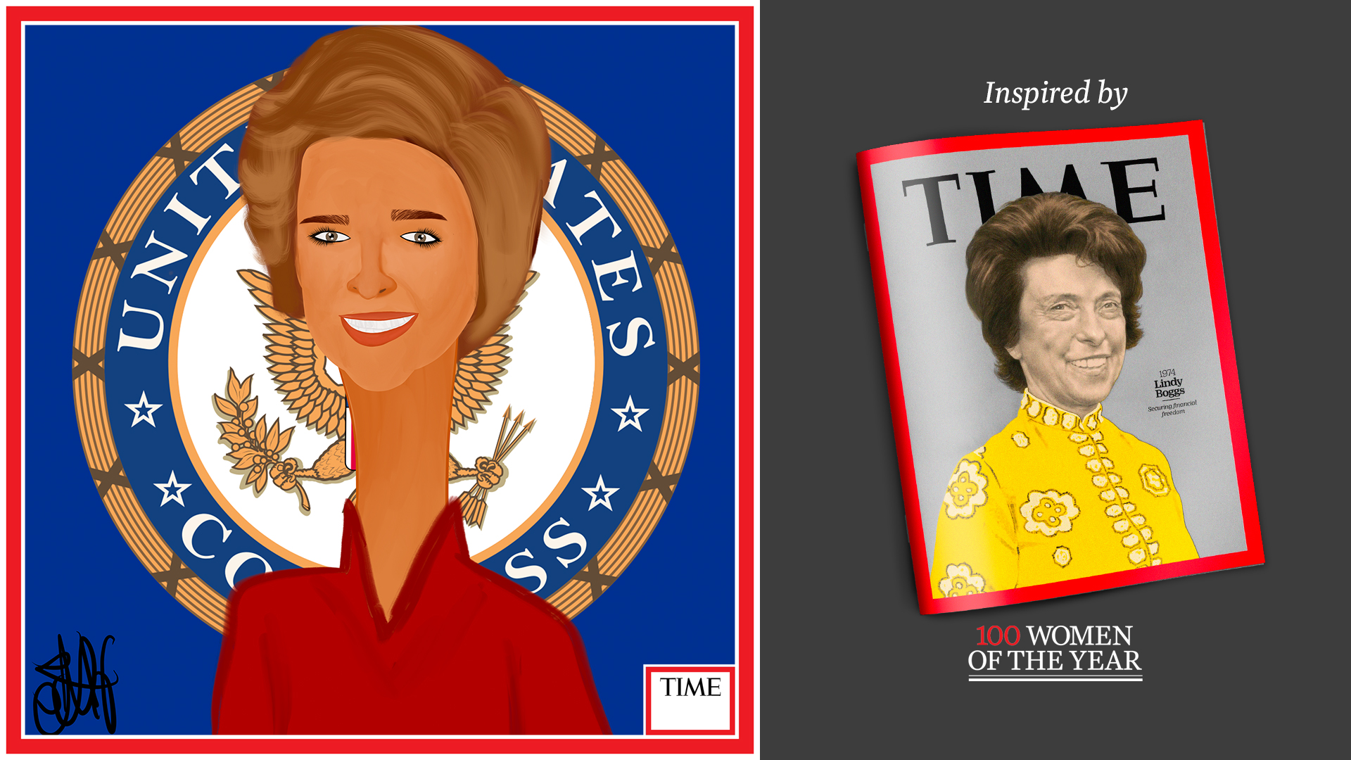 Left: Lindy Boggs by Nyla Hayes (red border, custom background) Right: TIME Cover 1974