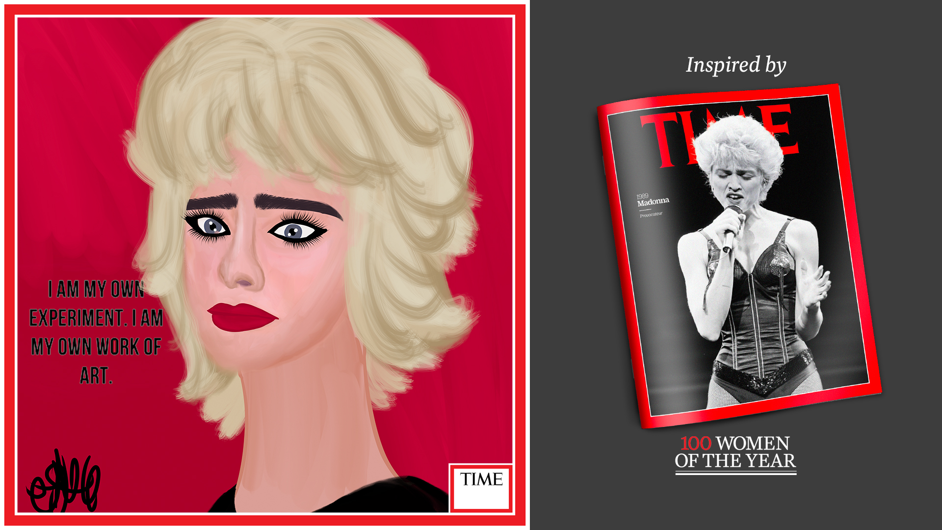Left: Madonna by Nyla Hayes (red border, custom background) Right: TIME Cover 1989