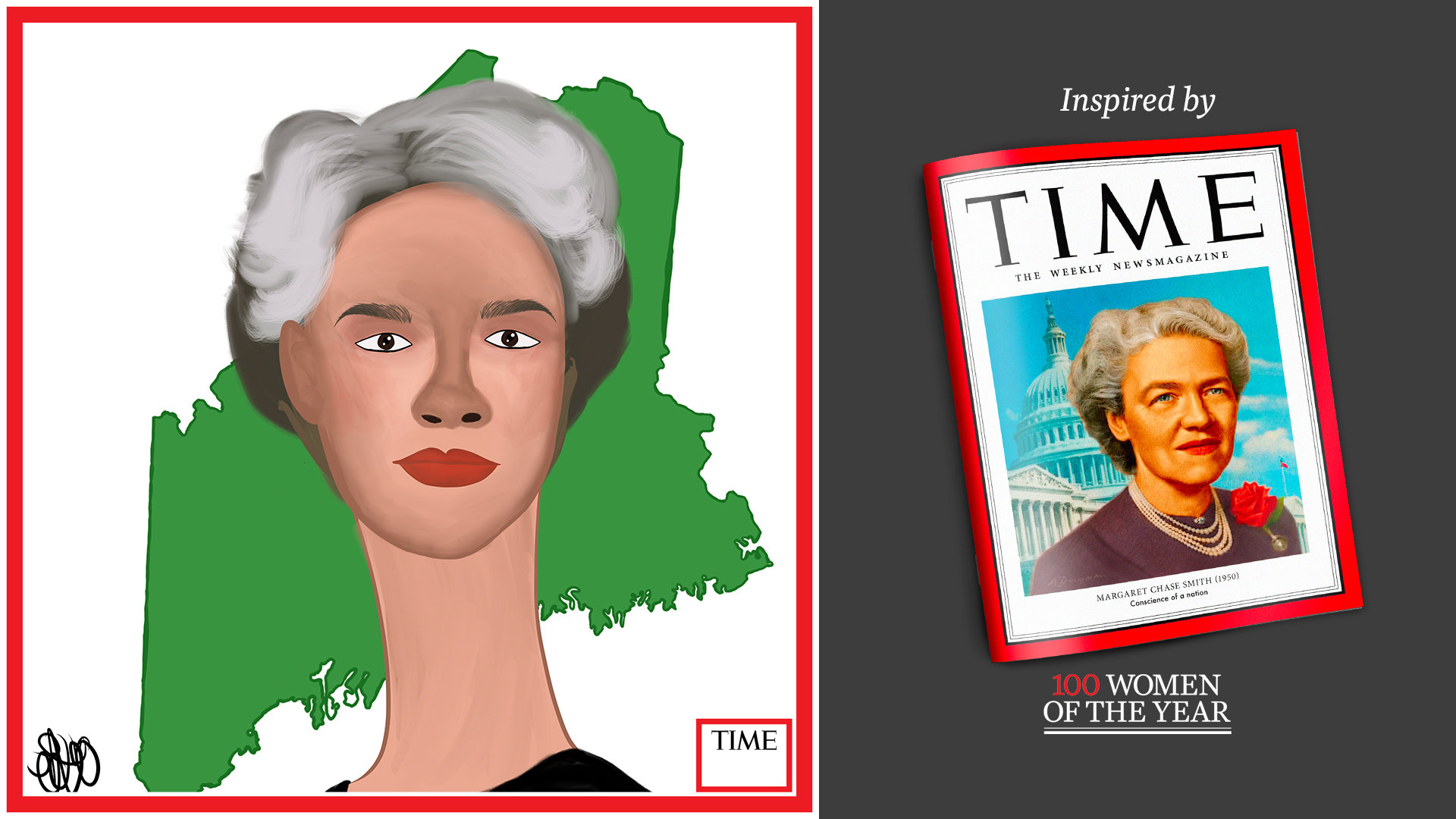 Left: Margaret Chase Smith by Nyla Hayes (red border, custom background) Right: TIME Cover 1950