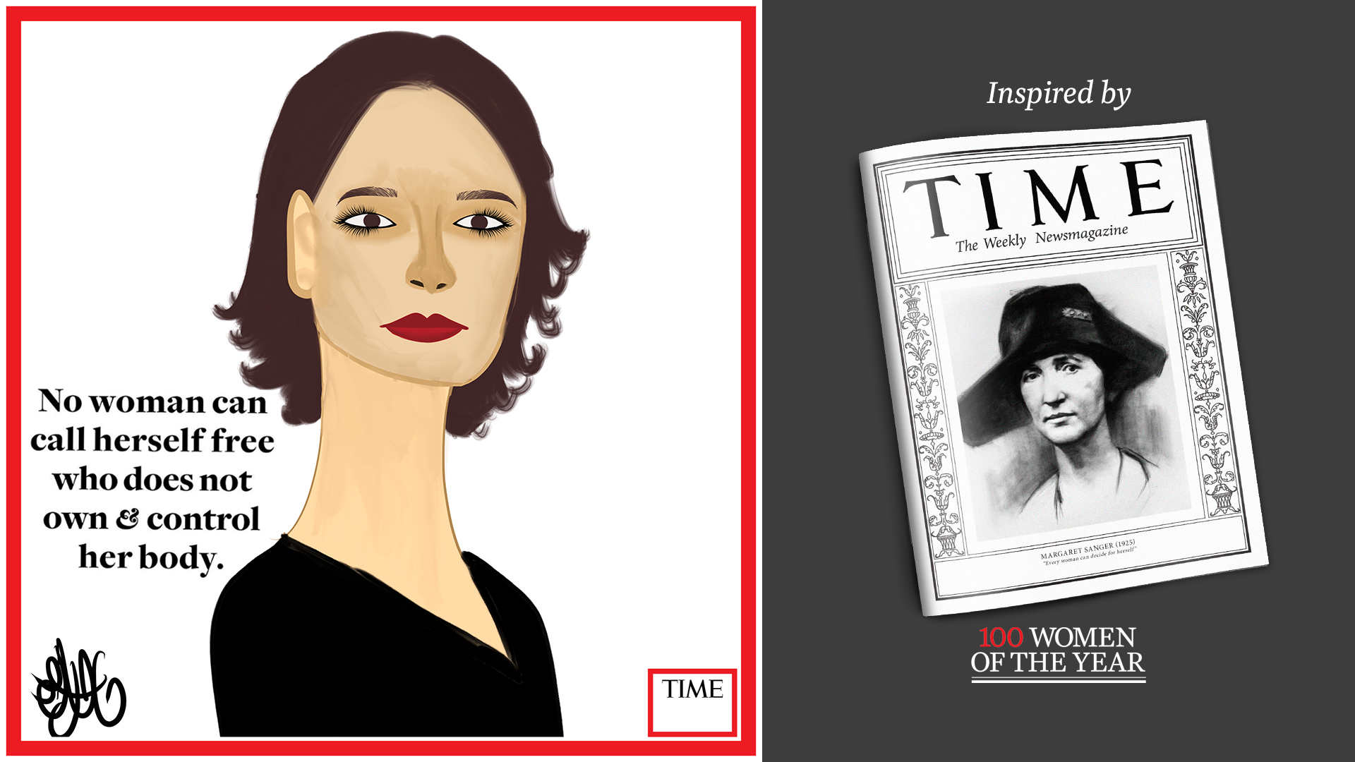 Left: Margaret Sanger by Nyla Hayes (red border, custom background) Right: TIME Cover 1925