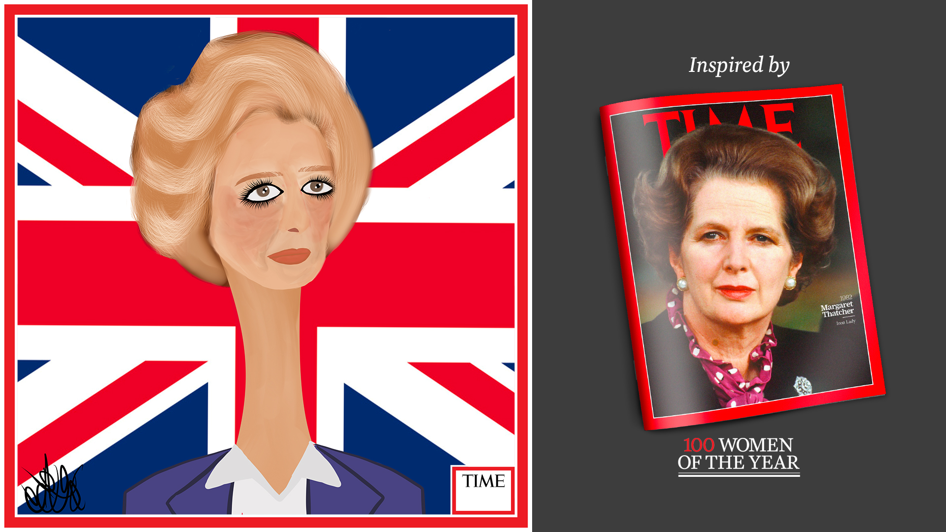Left: Margaret Thatcher by Nyla Hayes (red border, custom background) Right: TIME Cover 1982