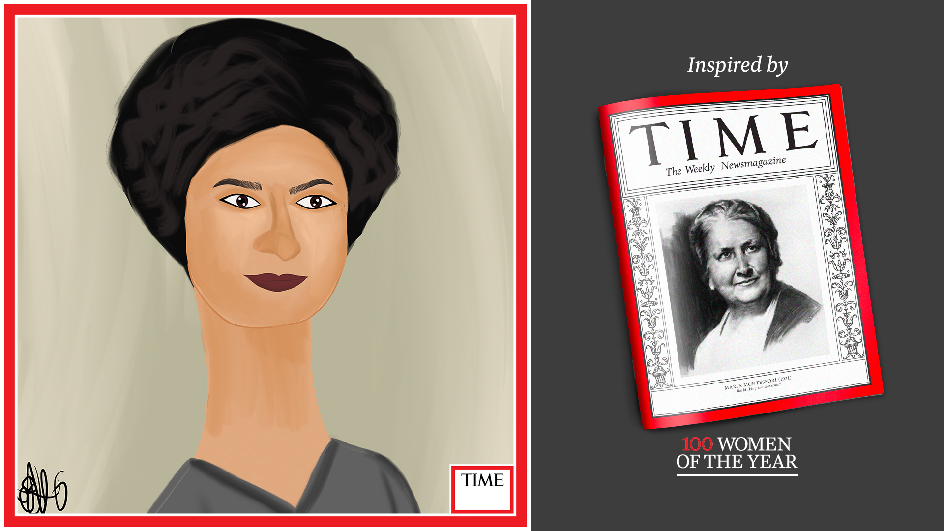 Left: Maria Montessori by Nyla Hayes (red border, custom background) Right: TIME Cover 1931